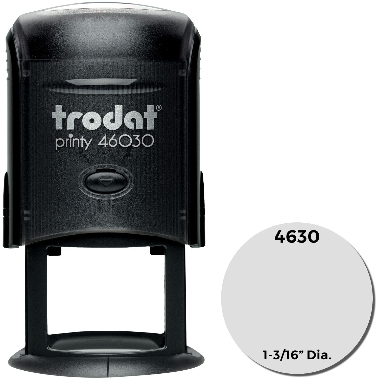 Custom Self Inking Stamp Trodat 4630, black, with 1-3/16 diameter imprint area, shown with product name and size details.