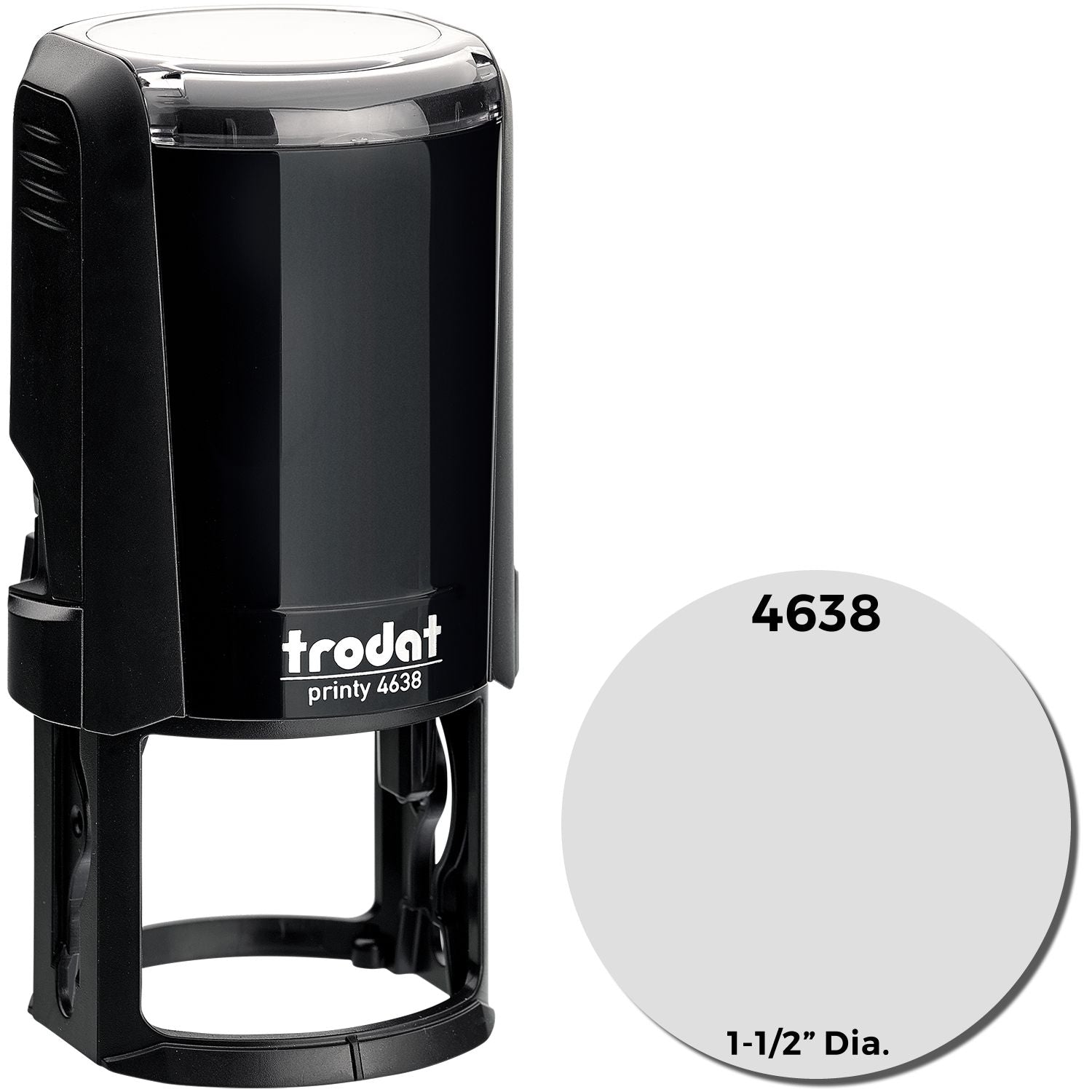 Custom Self Inking Stamp Trodat 4638, black, with a 1-1/2 diameter imprint area, shown alongside a blank circular imprint sample.