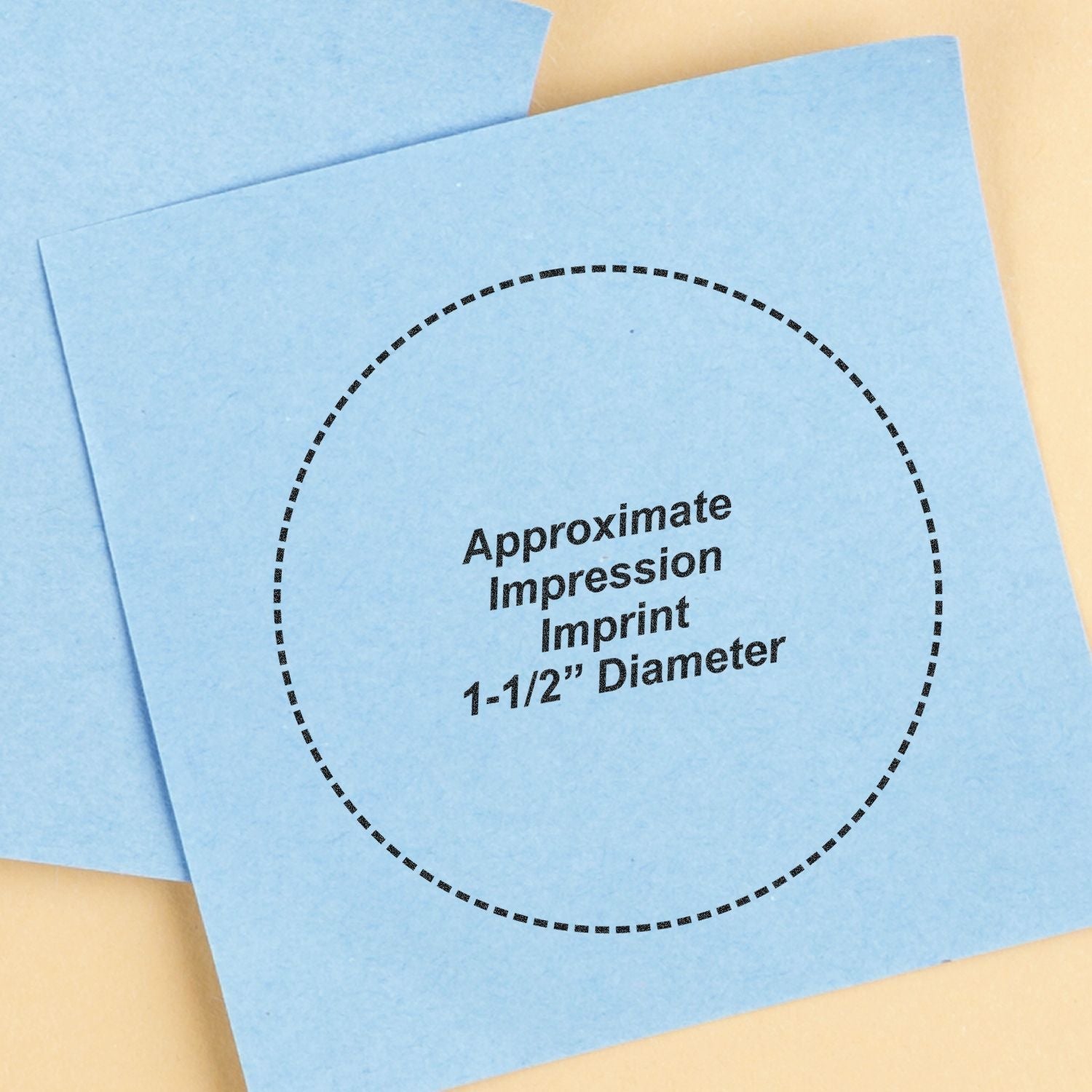 Blue paper showing the approximate impression imprint of the Custom Self Inking Stamp Trodat 4638, 1-1/2 diameter, with dotted circle outline.