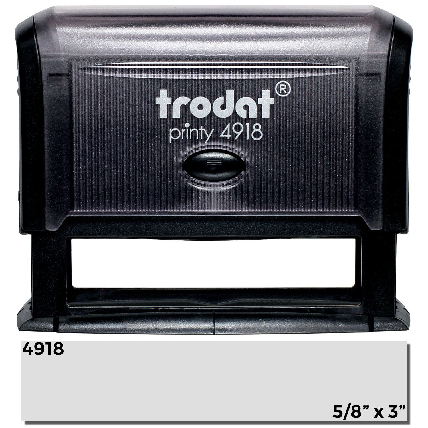 Custom Self Inking Stamp Trodat 4918 Size 5/8 x 3, black casing with clear imprint area, shown against a white background.