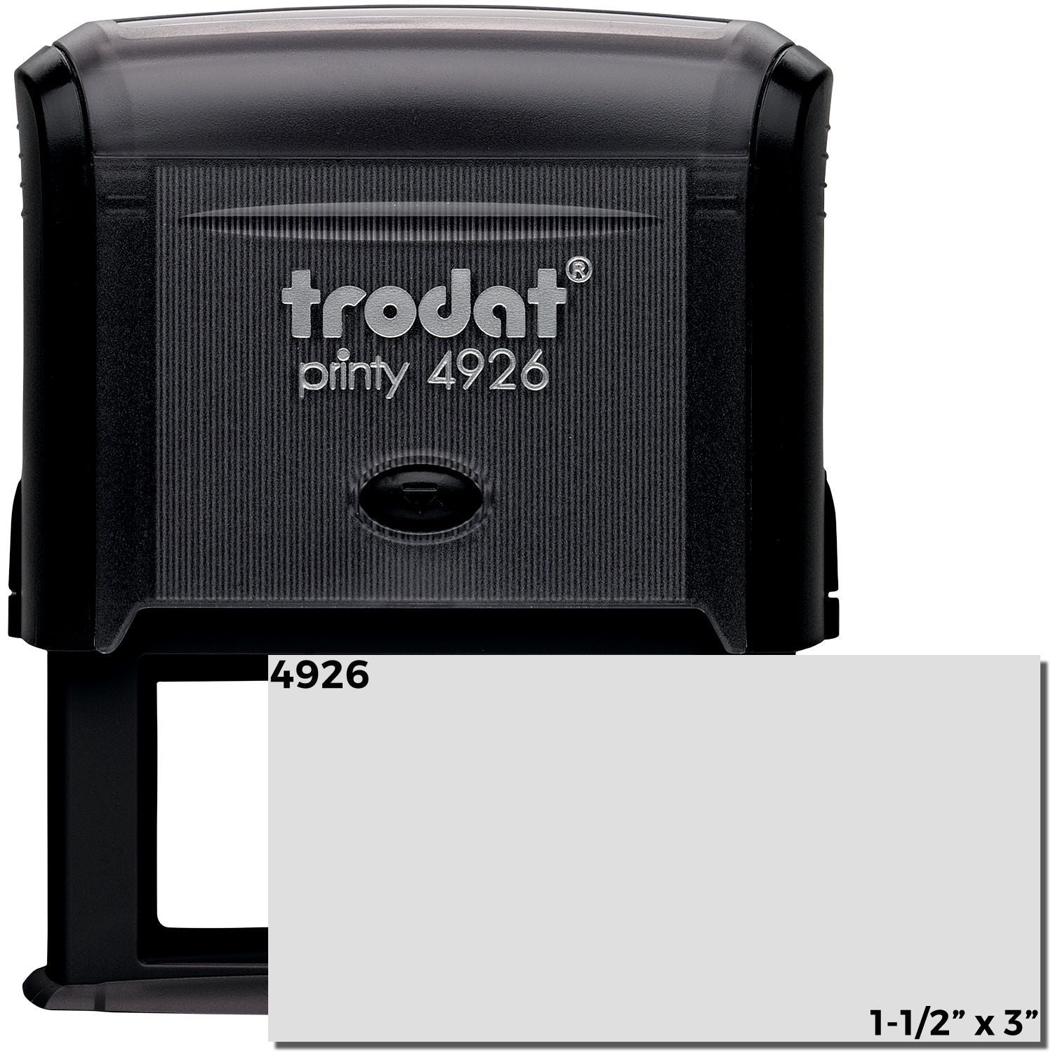 Custom Self Inking Stamp Trodat 4926, size 1-1/2 x 3, black casing with a gray imprint area, shown in a front view.