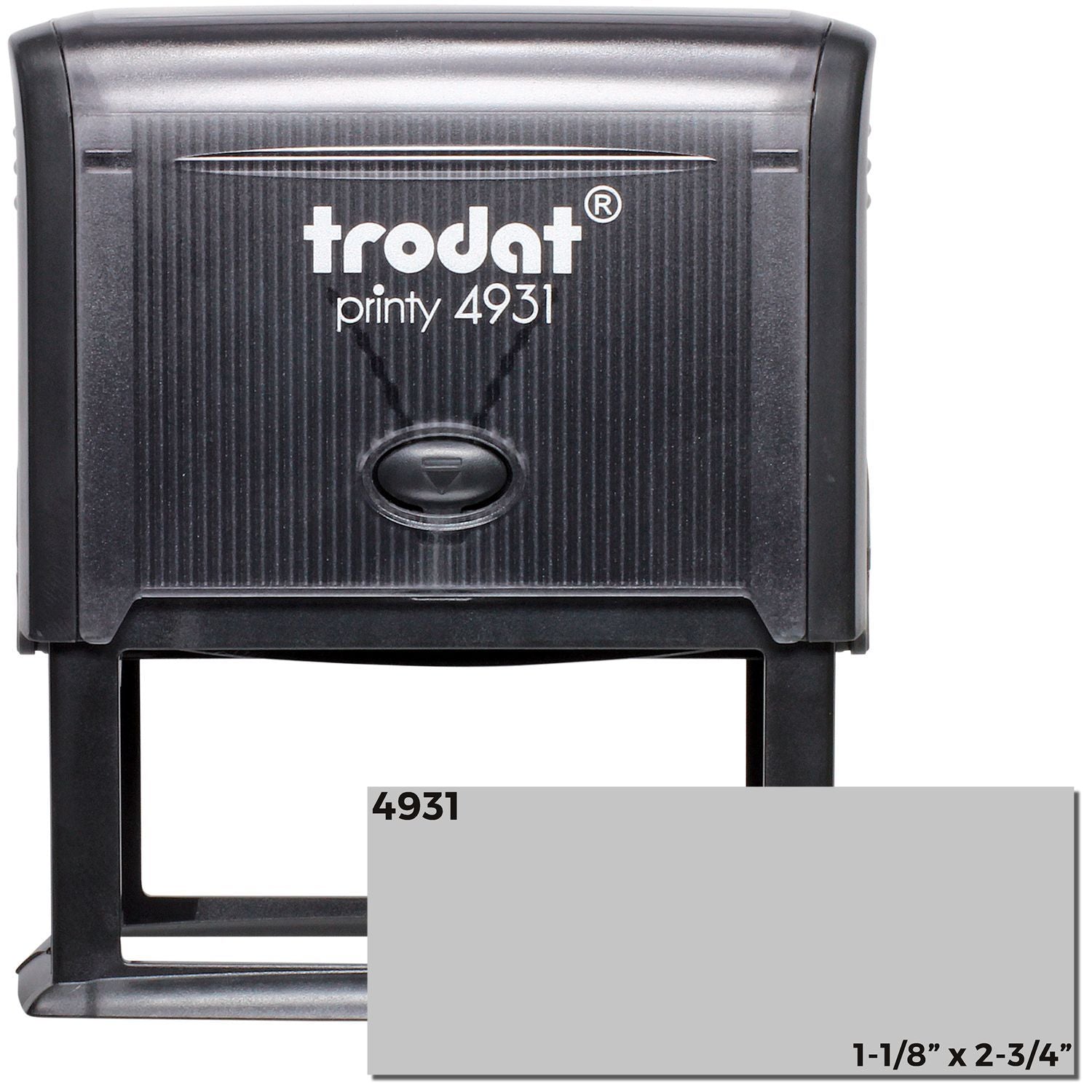 Custom Self Inking Stamp Trodat 4931, size 1-1/8 x 2-3/4, black casing with a sample imprint area shown below.