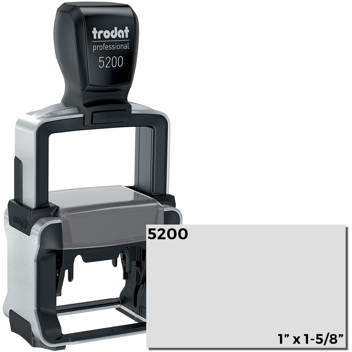 Custom Self Inking Stamp Trodat 5200 Size 1 x 1-5/8, black and silver, shown with a sample imprint area.