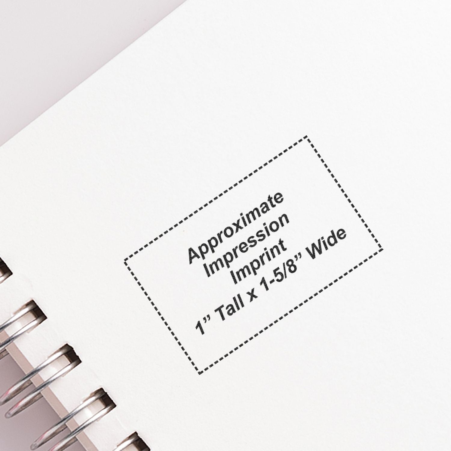 Custom Self Inking Stamp Trodat 5200 Size 1 x 1-5/8 imprint on white paper, showing approximate impression size of 1 tall x 1-5/8 wide.