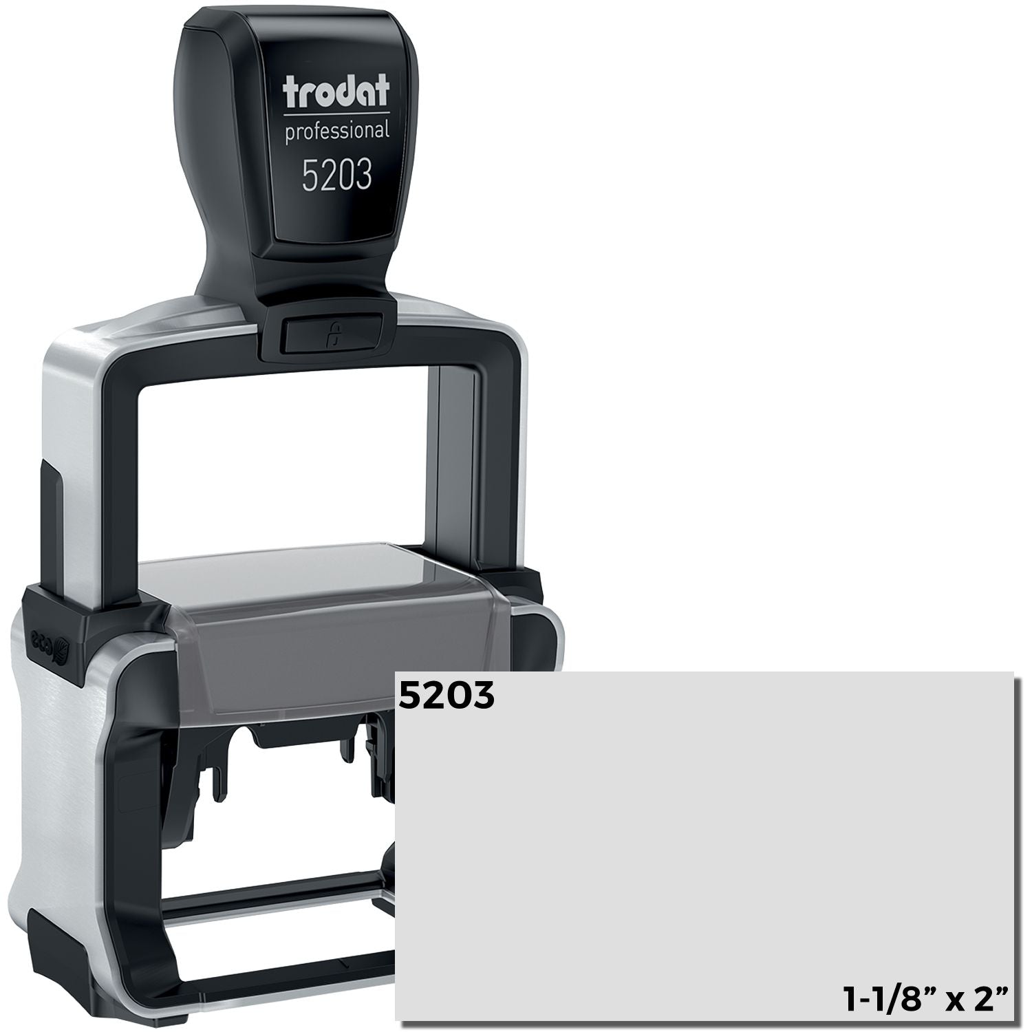 Custom Self Inking Stamp Trodat 5203 Size 1-5/8 x 2, black and silver, with a blank stamping area shown in the bottom right corner.