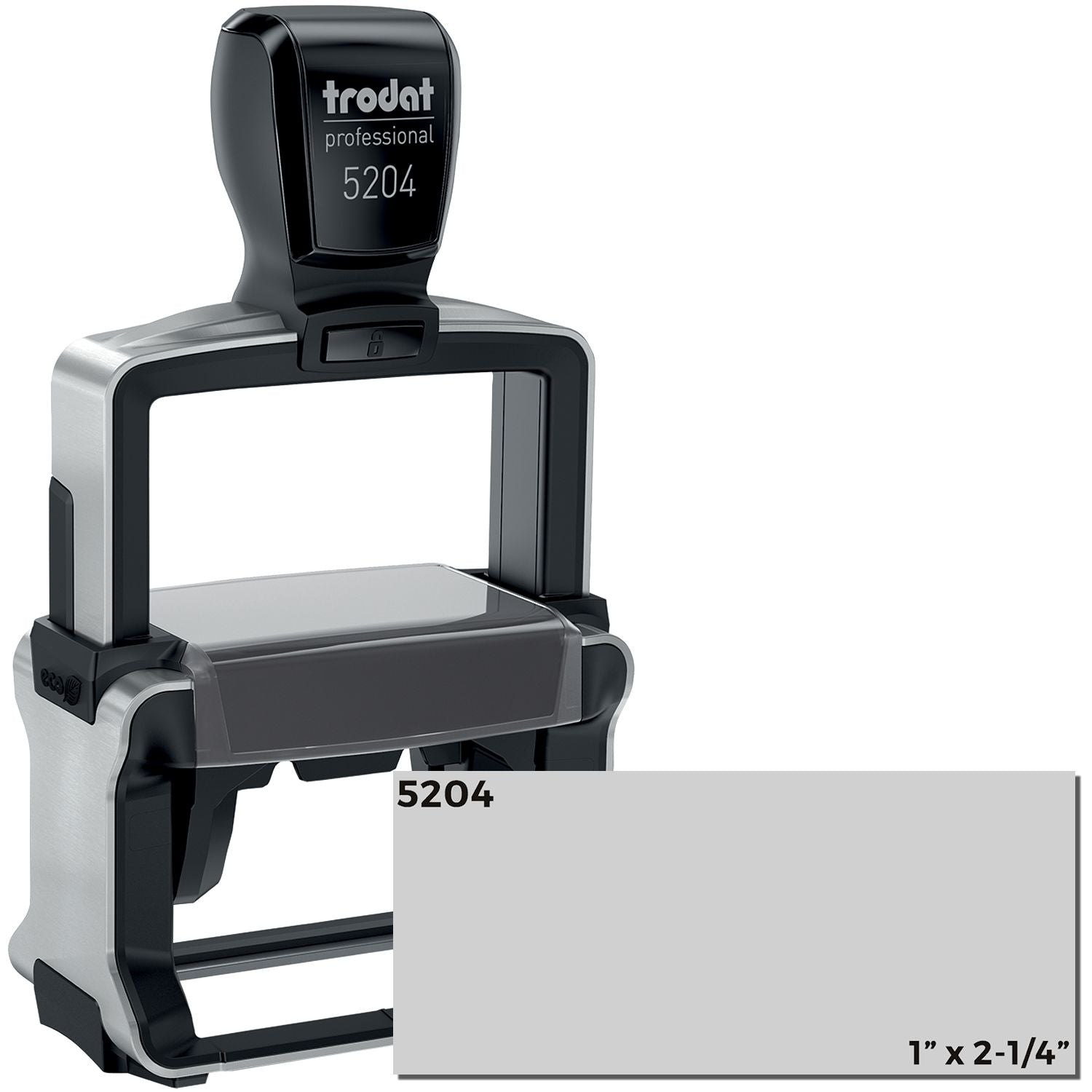 Custom Self Inking Stamp Trodat 5204 Size 1 x 2-1/4 with a black handle and silver frame, shown with a blank imprint area.