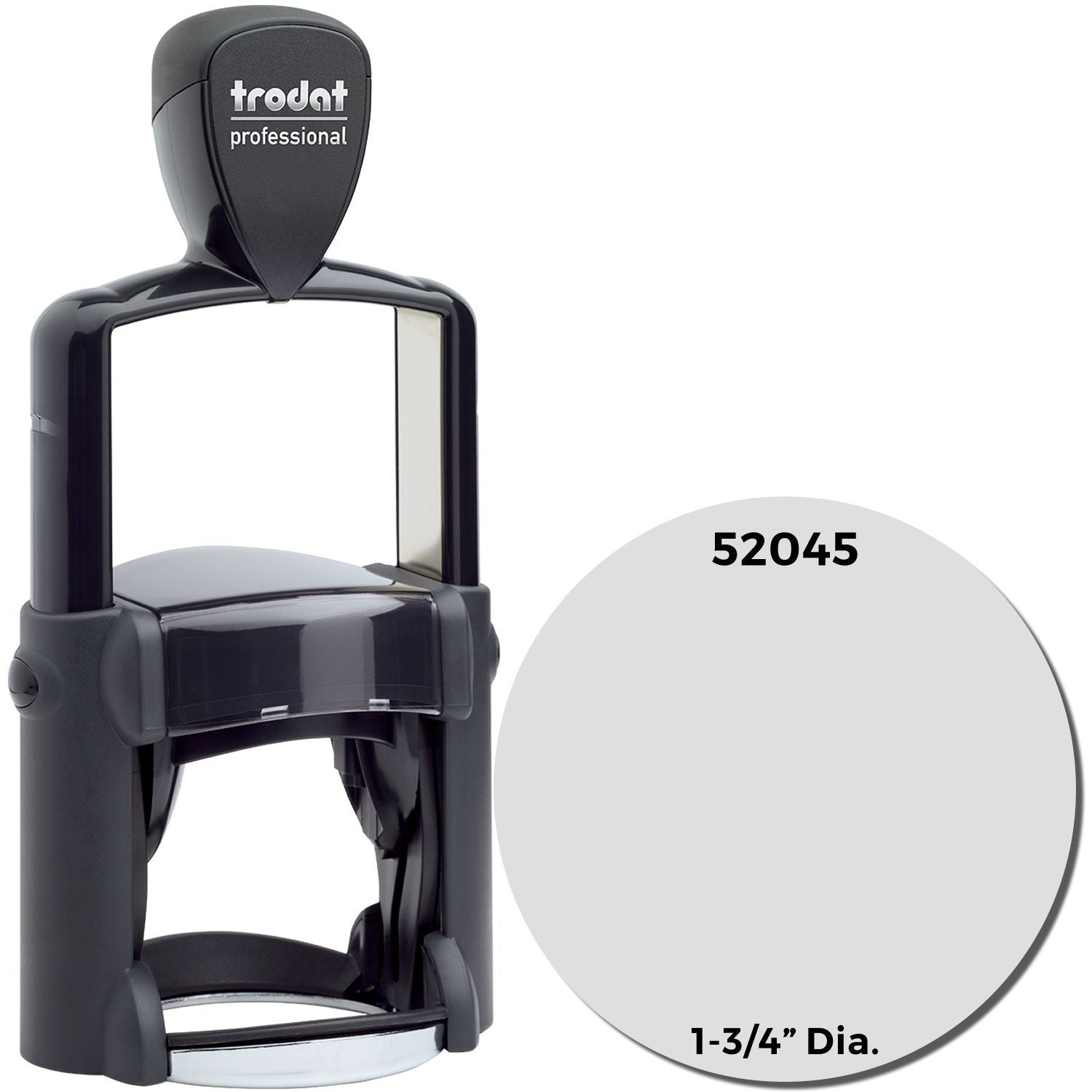 A Custom Self-Inking Stamp Trodat 52045 (Size: 1-3/4" Diameter) with a stamped image showing how the round image will look after stamping from this custom stamp.