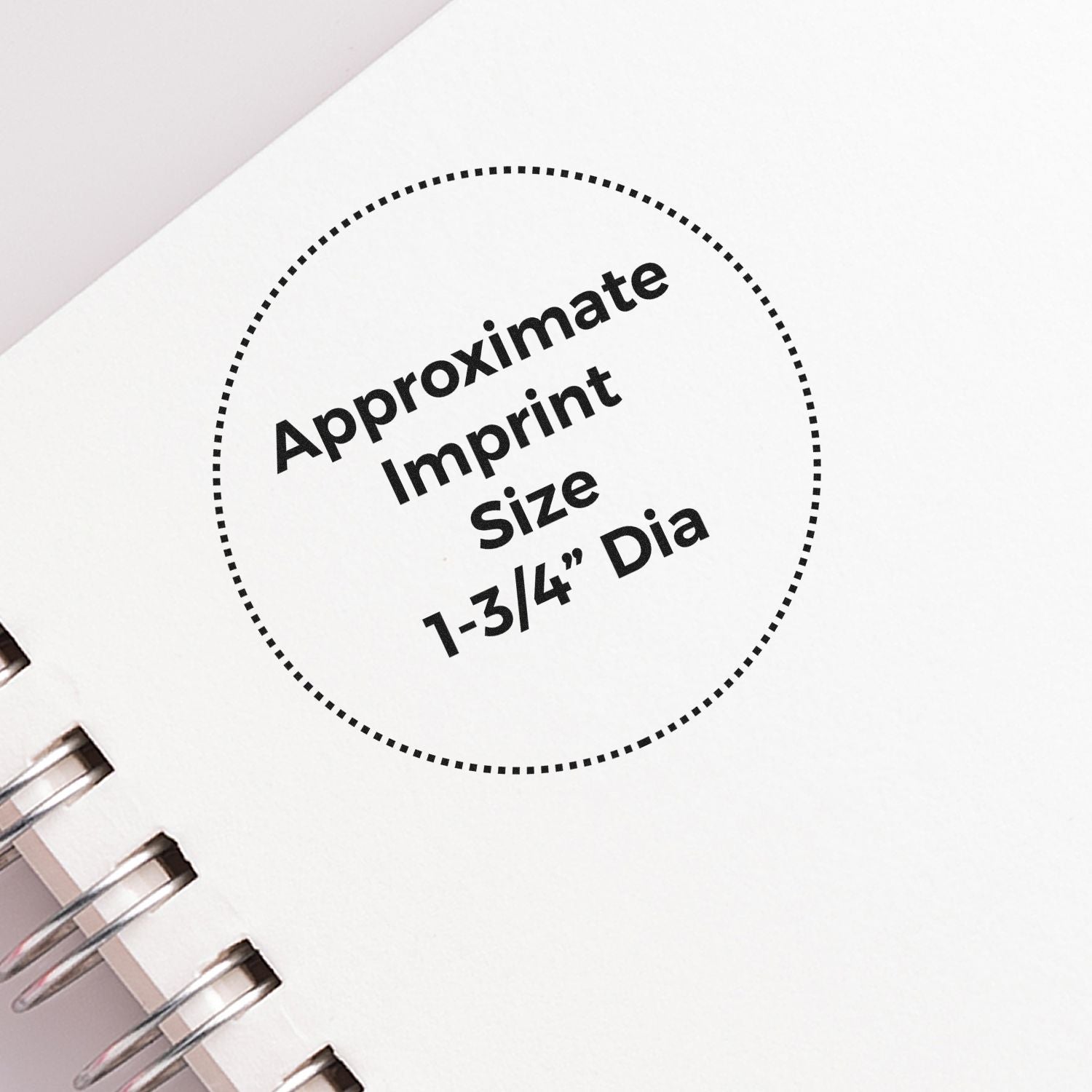 Custom Self-Inking Stamp Trodat 52045 (1-3/4 Dia) imprint on white paper with spiral binding, showing approx. imprint size.