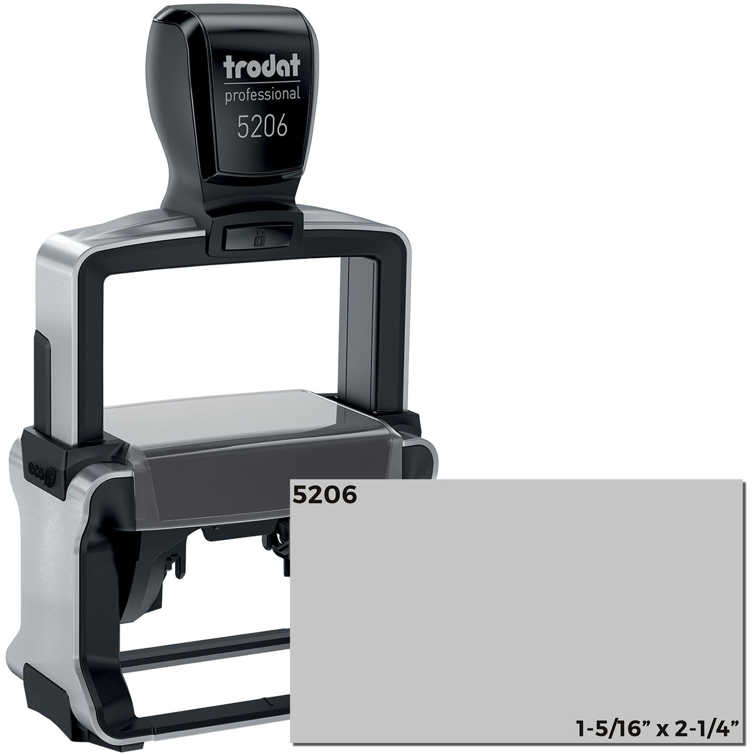 Custom Self Inking Stamp Trodat 5206, size 1-5/16 x 2-1/4, shown with a black handle and a gray stamping area.
