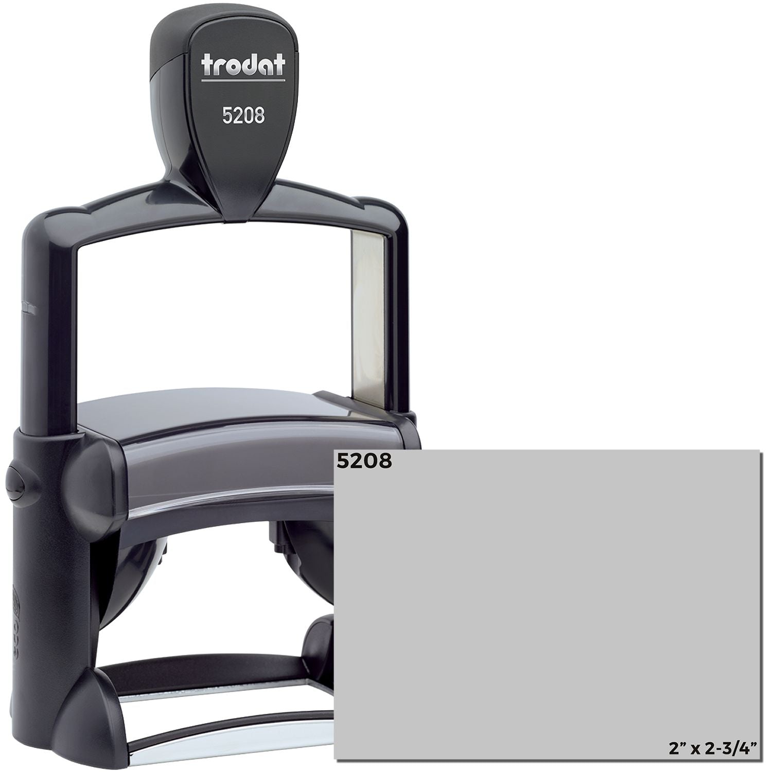 Custom Self Inking Stamp Trodat 5208, size 2 x 2-3/4 inches, shown with a black handle and a grey stamping area.
