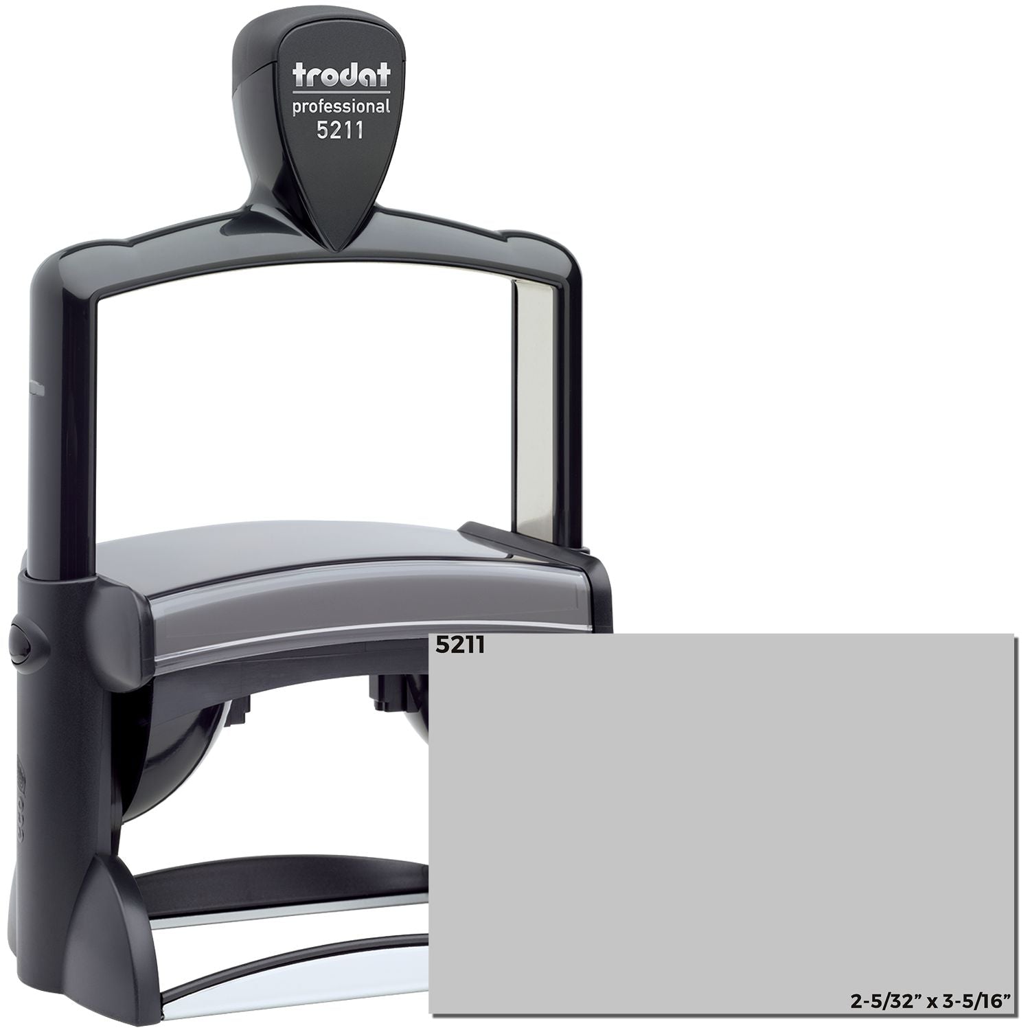Custom Self Inking Stamp Trodat 5211 Size 2-5/32 x 3-5/16, black and gray, with a rectangular imprint area and ergonomic handle.