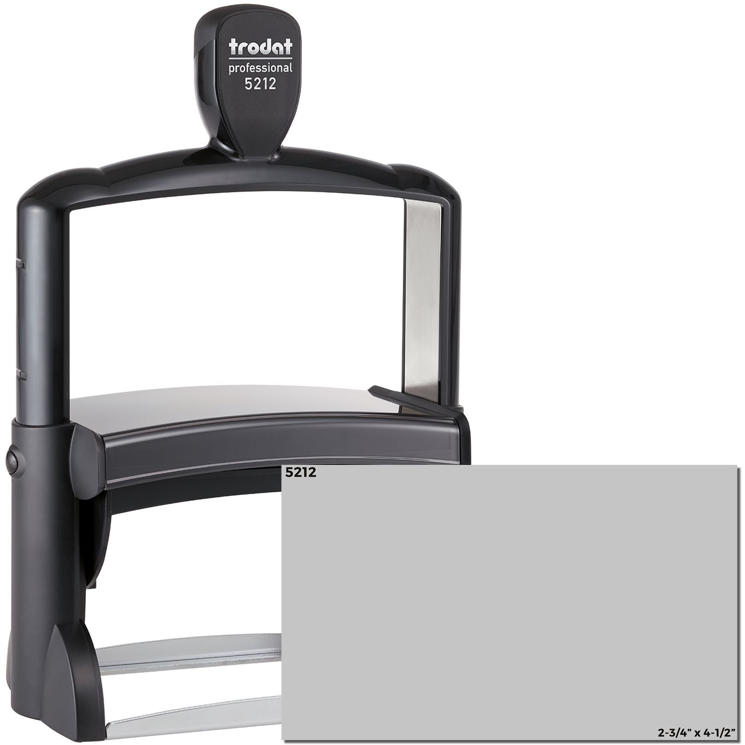 Custom Self Inking Stamp Trodat 5212 Size 2-3/4 x 4-1/2, black and silver, with a rectangular imprint area and ergonomic handle.