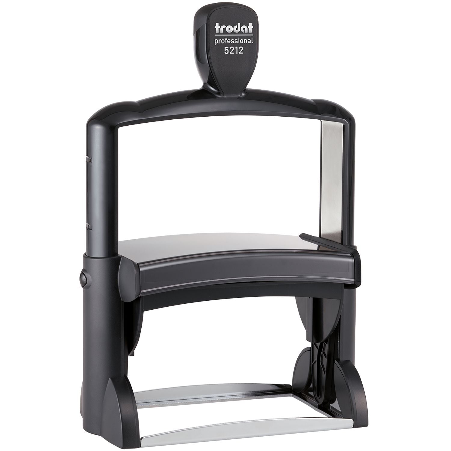 Custom Self Inking Stamp Trodat 5212 Size 2-3/4 x 4-1/2, black and silver, with ergonomic handle and sturdy frame.