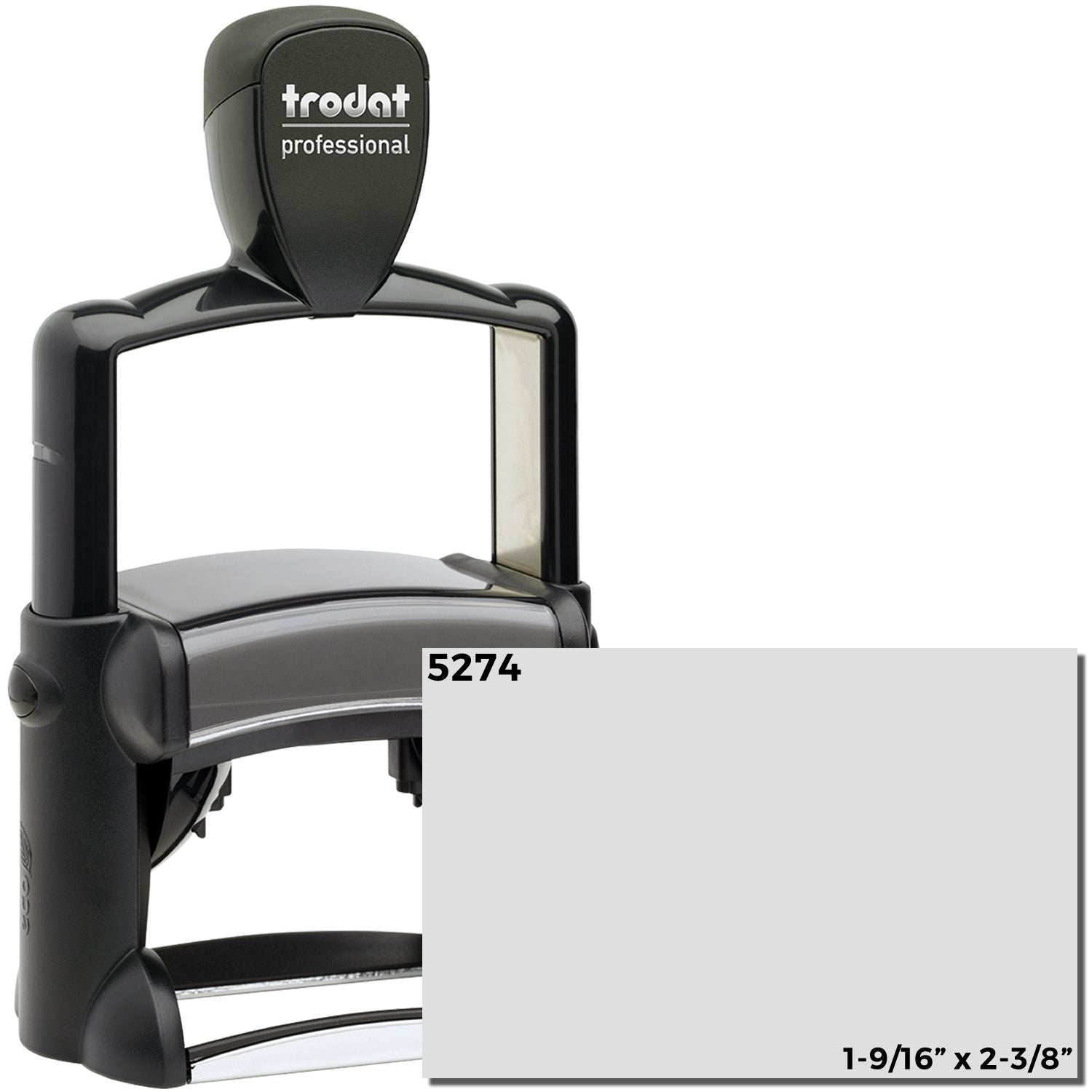 Custom Self Inking Stamp Trodat 5274, size 1-9/16 x 2-3/8, shown in black with a clear imprint area and trodat professional branding.