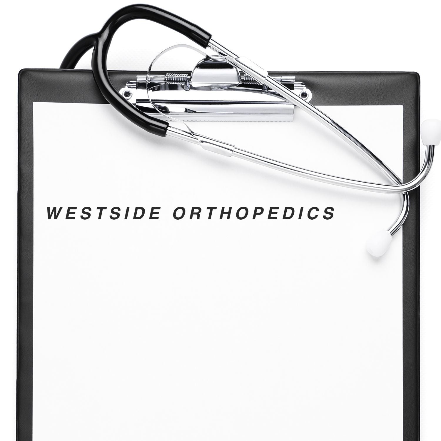 A clipboard with a stethoscope and a stamped paper reading Westside Orthopedics using the MaxLight XL2-55 Custom Pre-Inked Business Stamp 3/16 x 2-1/2.