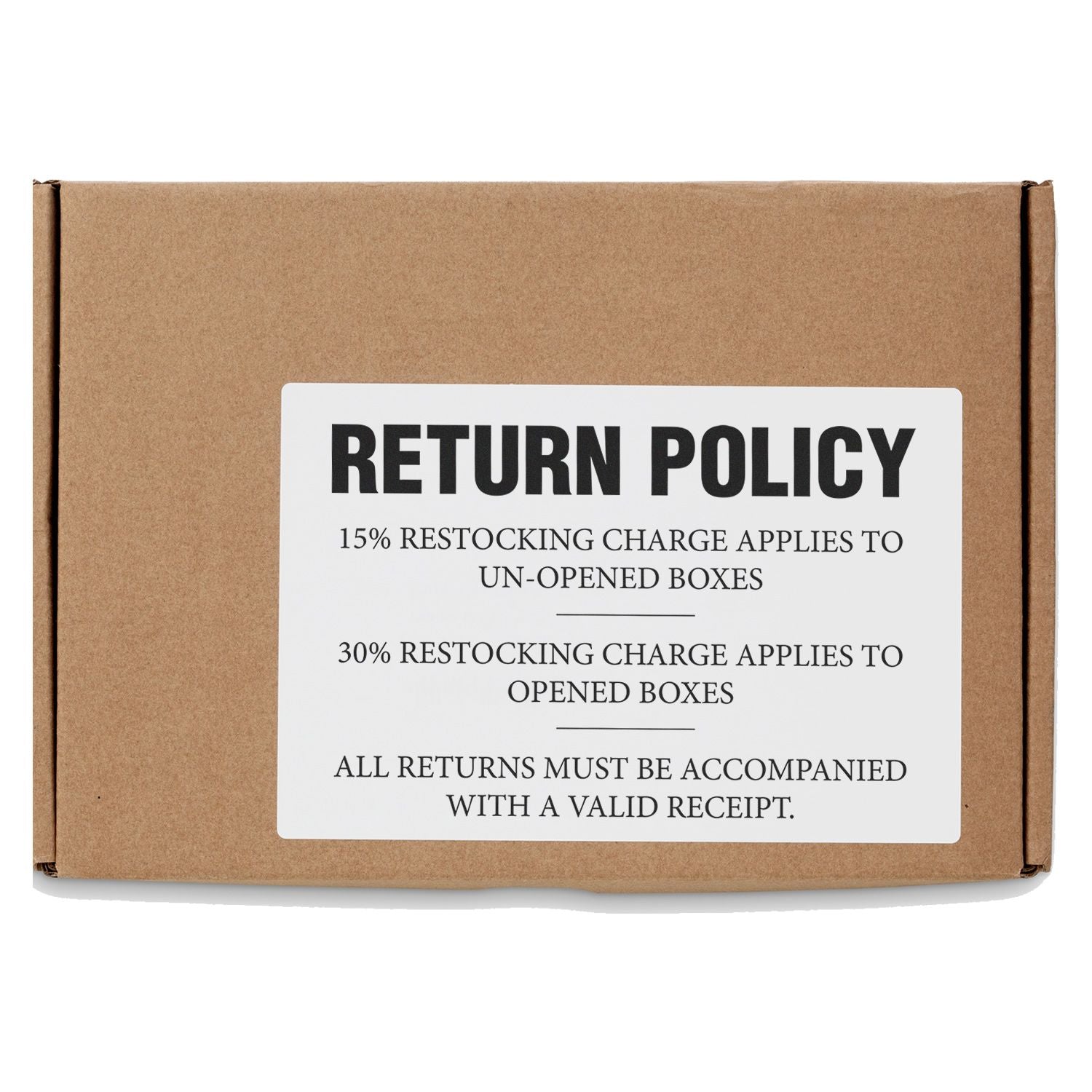 A cardboard box with a RETURN POLICY label stamped using a Custom Rubber Stamp Size 6 x 7, detailing restocking charges and return conditions.