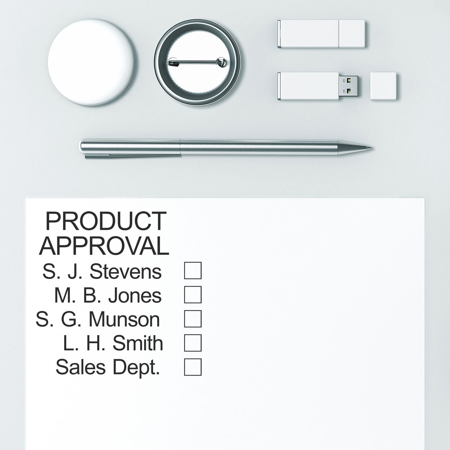 Slim Stamp 4141 Customized Pre-Inked Stamp 1-5/8 x 1-5/8 used on a product approval form with office supplies nearby.