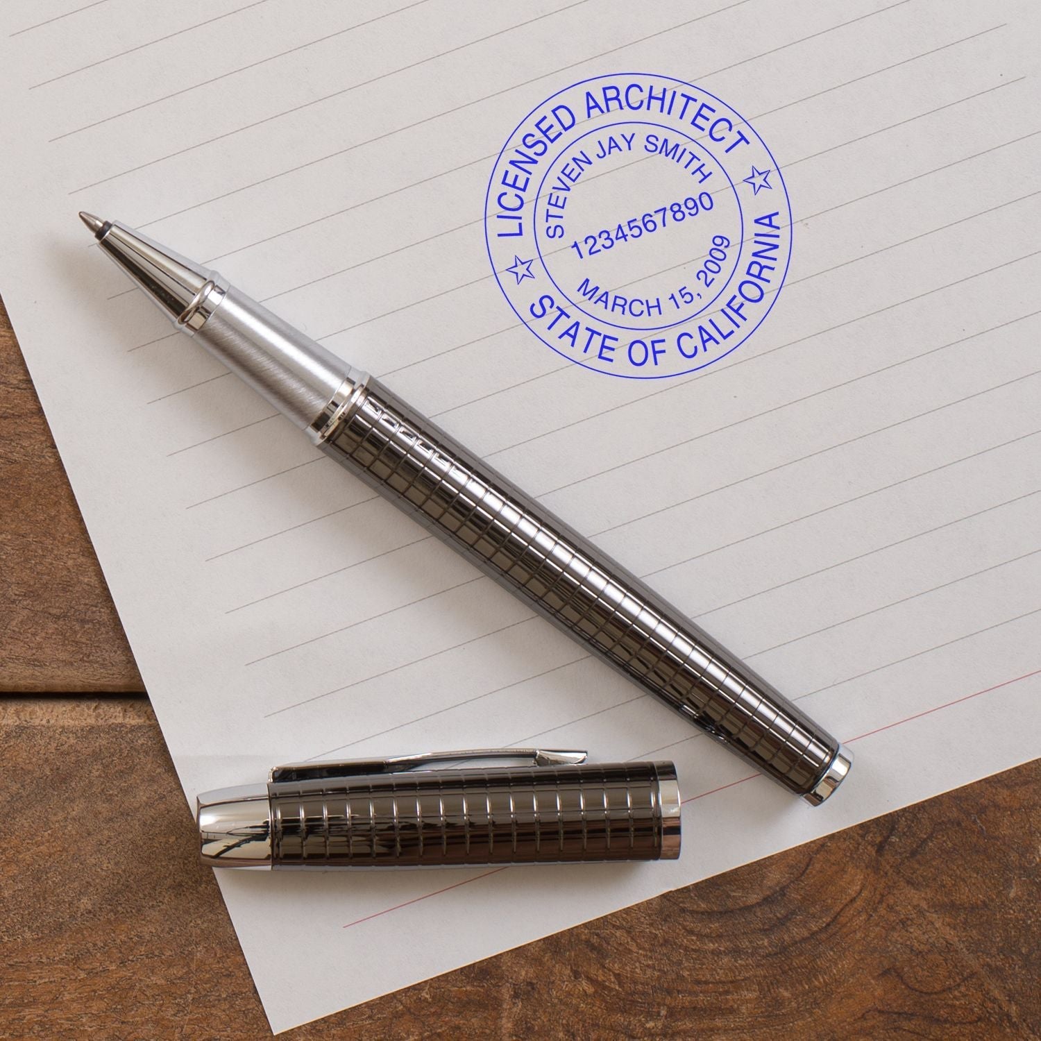 Custom Rubber Stamp Size 1-1/2 Inch Diameter used on paper, next to a silver pen and cap on a wooden desk.
