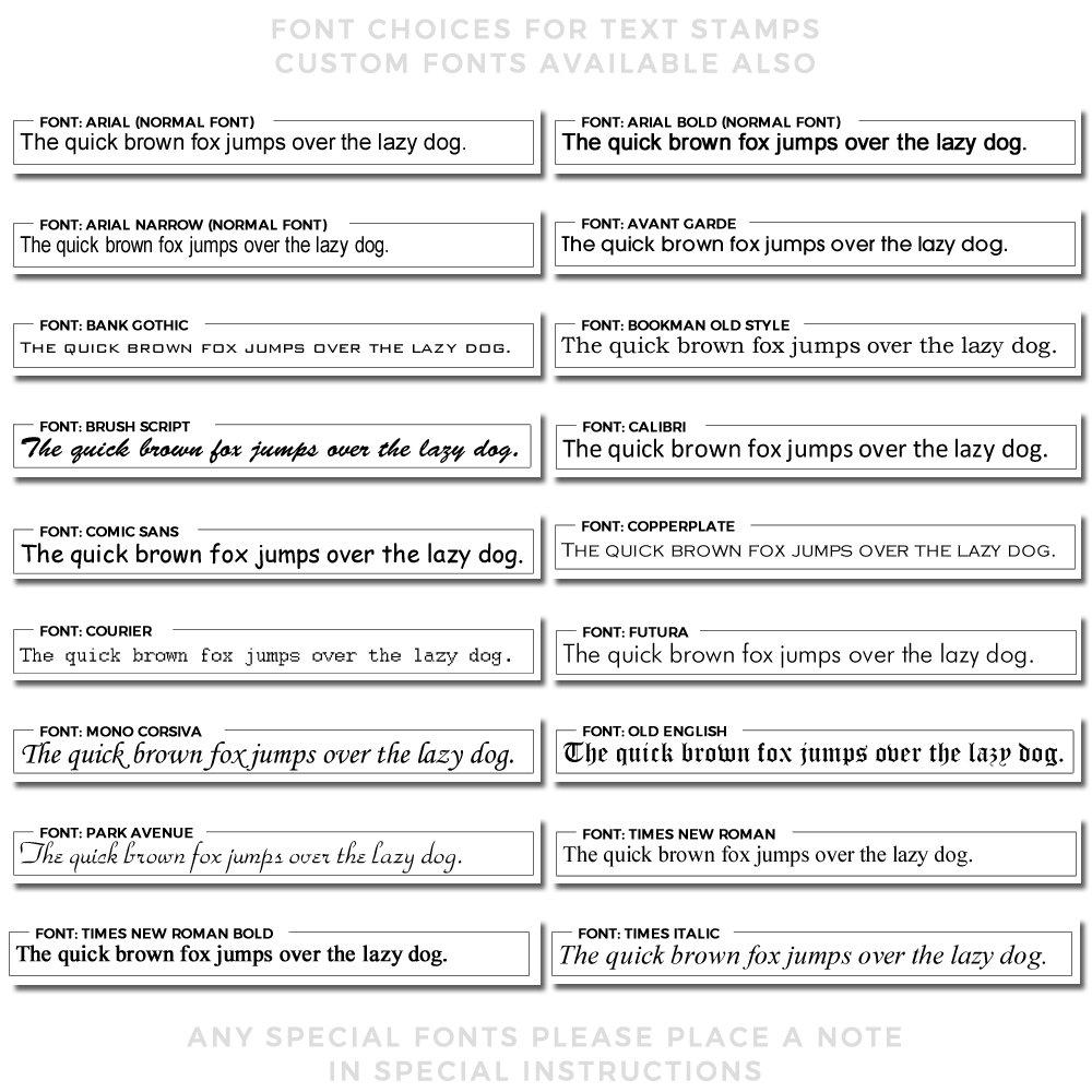 Font choices for Custom Rubber Stamp Size 1-1/2 x 7, featuring various styles like Arial, Avant Garde, Brush Script, and more.