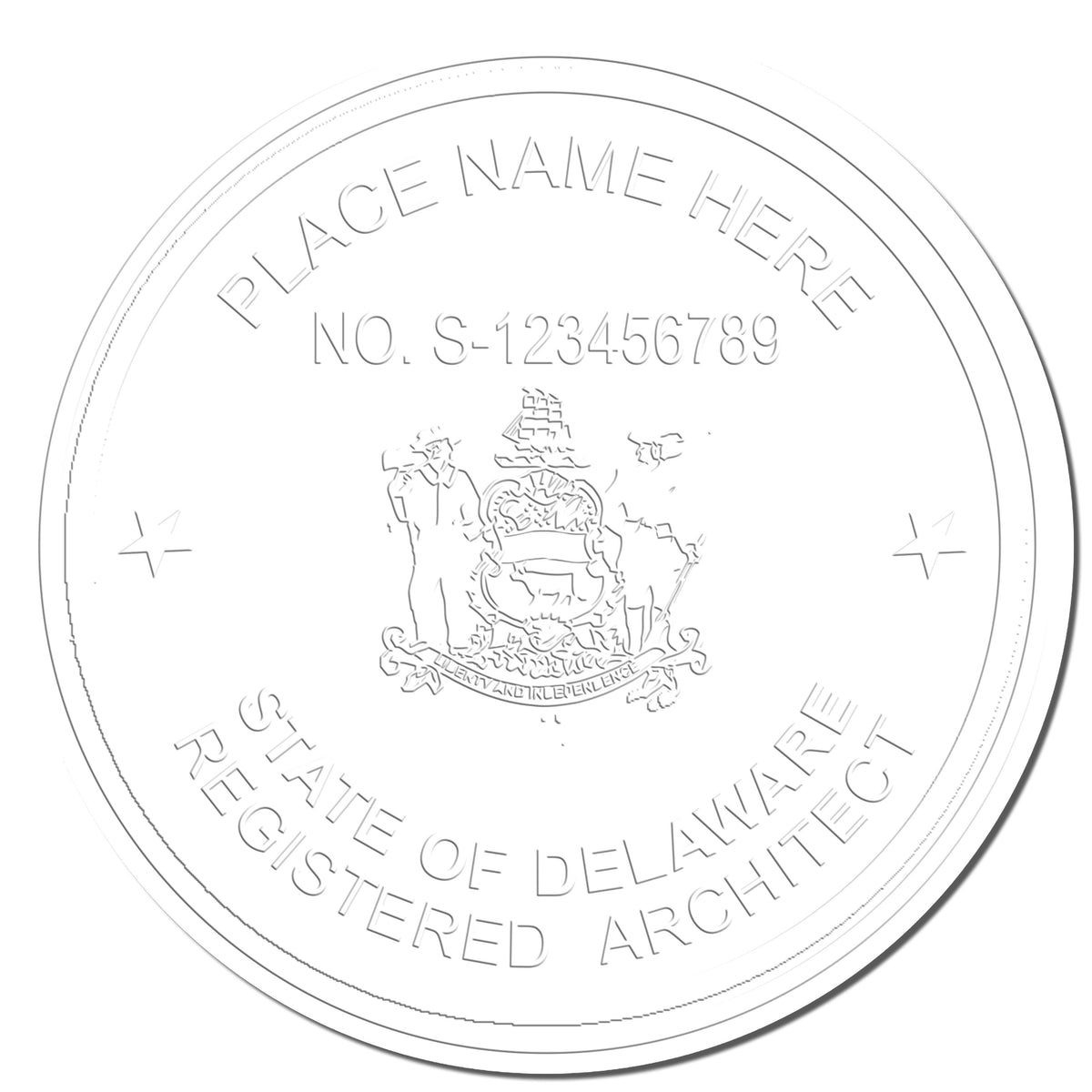 A photograph of the Delaware Desk Architect Embossing Seal stamp impression reveals a vivid, professional image of the on paper.