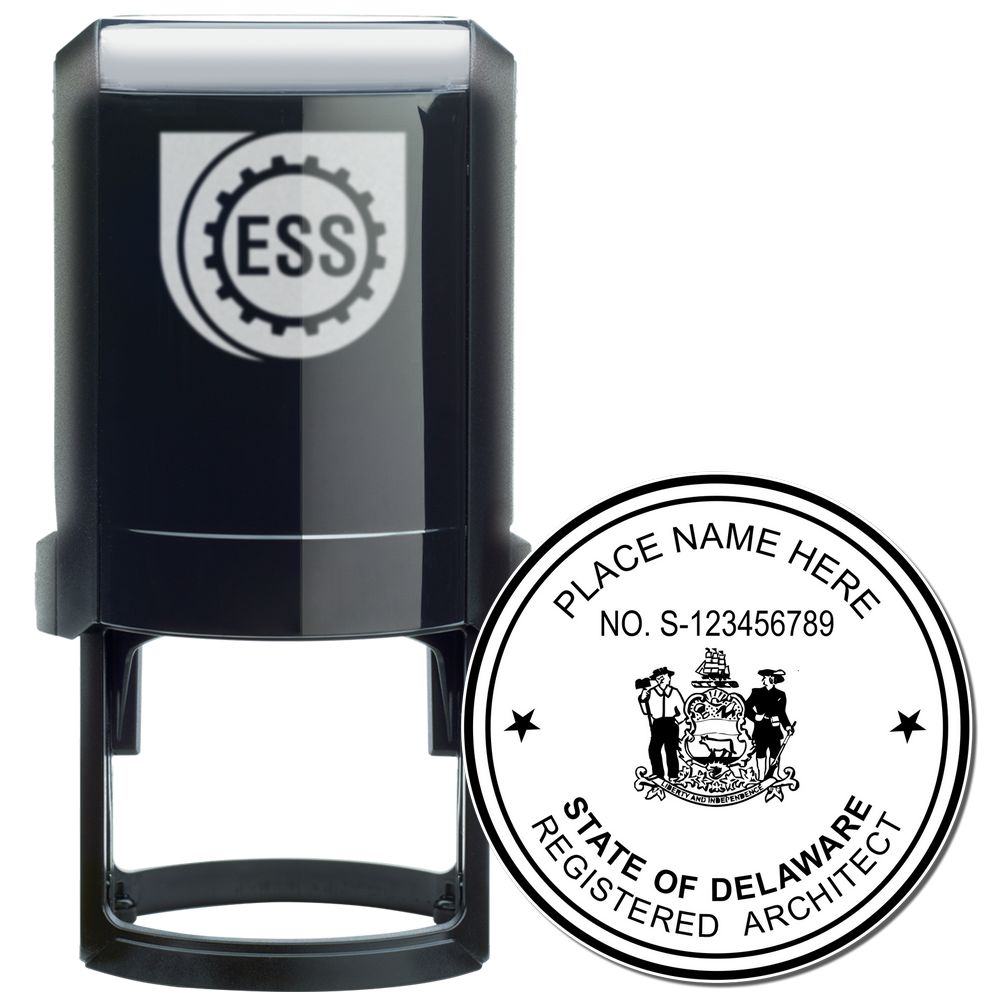 Self Inking Delaware Architect Stamp with customizable text and registration number, featuring the state seal and professional title.