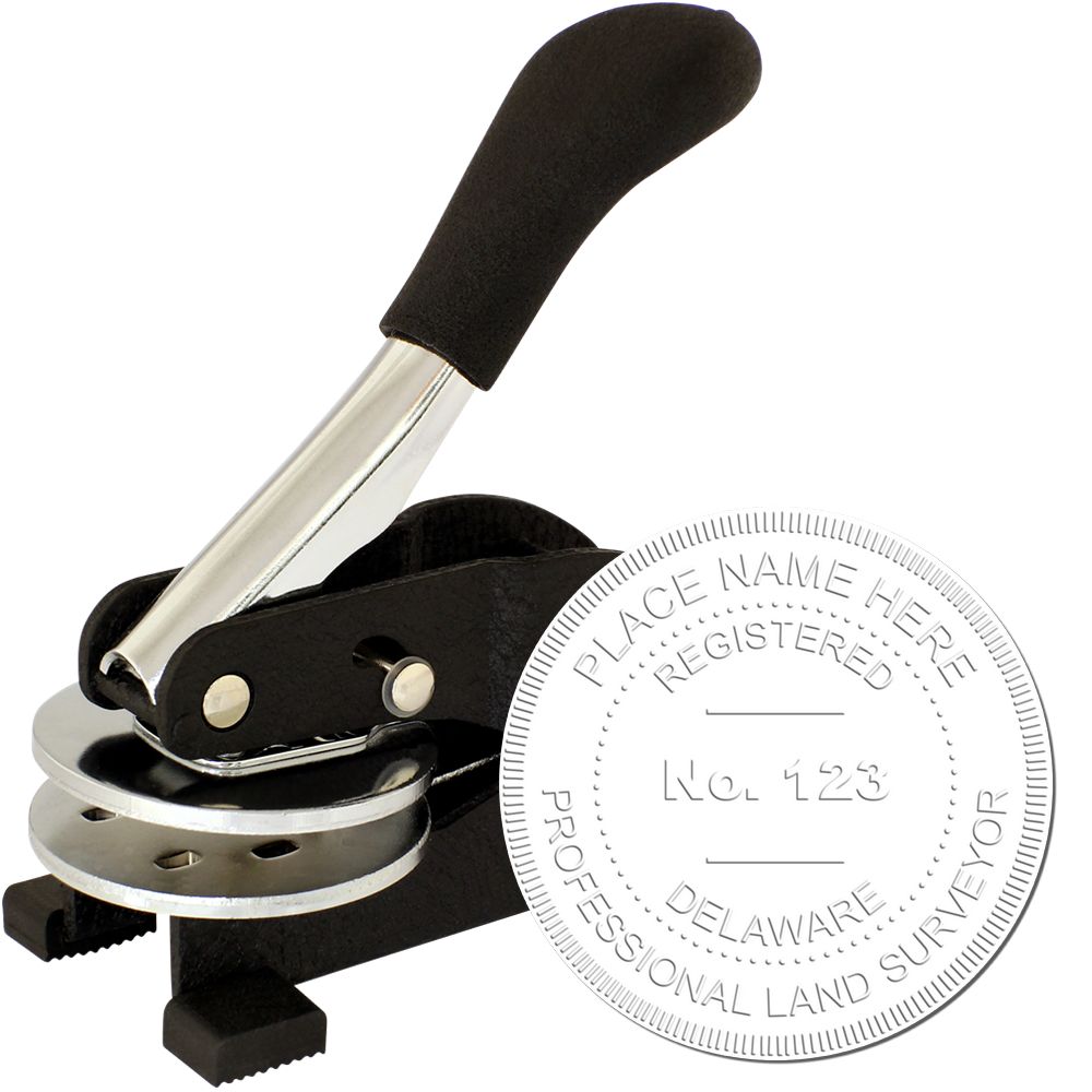 The main image for the Delaware Desk Surveyor Seal Embosser depicting a sample of the imprint and electronic files