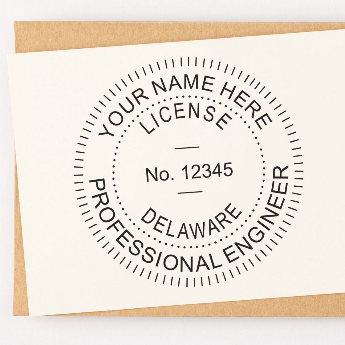 A lifestyle photo showing a stamped image of the Slim Pre-Inked Delaware Professional Engineer Seal Stamp on a piece of paper
