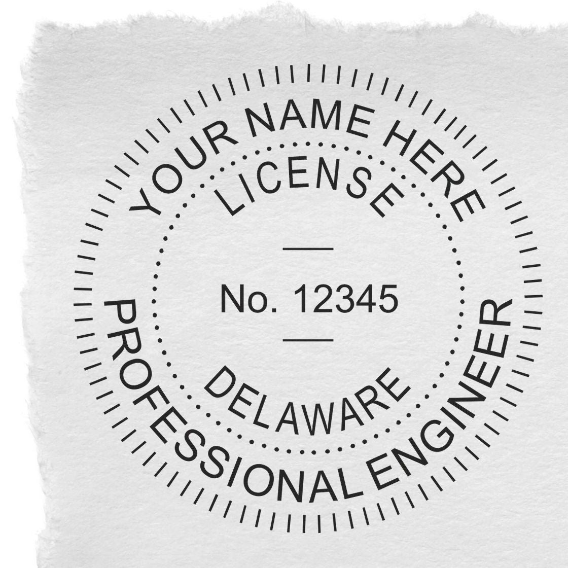 A stamped impression of the Slim Pre-Inked Delaware Professional Engineer Seal Stamp in this stylish lifestyle photo, setting the tone for a unique and personalized product.