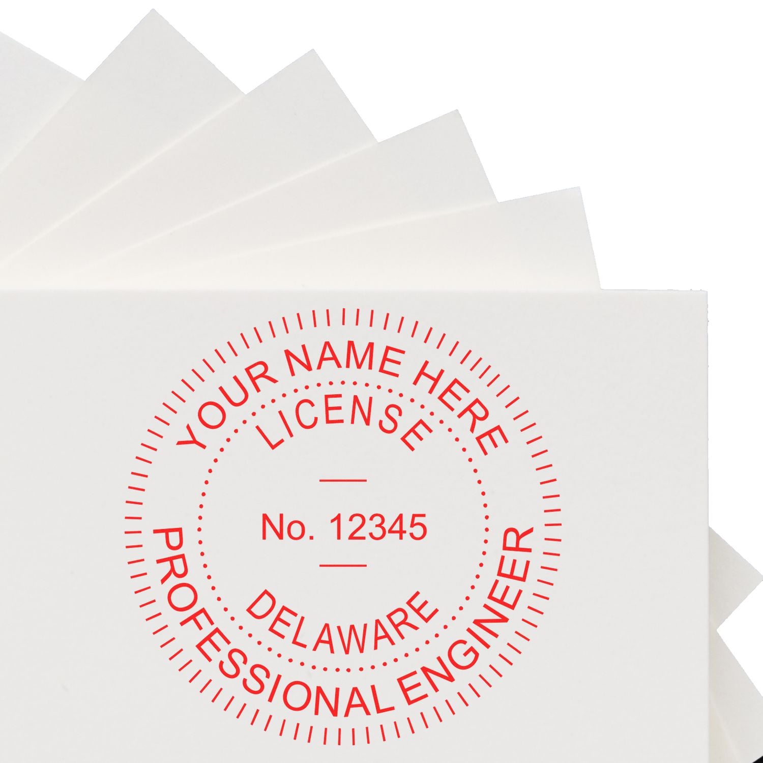A lifestyle photo showing a stamped image of the Delaware Professional Engineer Seal Stamp on a piece of paper