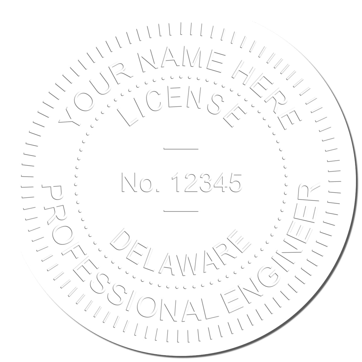 A photograph of the Handheld Delaware Professional Engineer Embosser stamp impression reveals a vivid, professional image of the on paper.