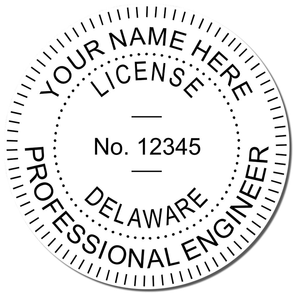 A photograph of the Slim Pre-Inked Delaware Professional Engineer Seal Stamp stamp impression reveals a vivid, professional image of the on paper.