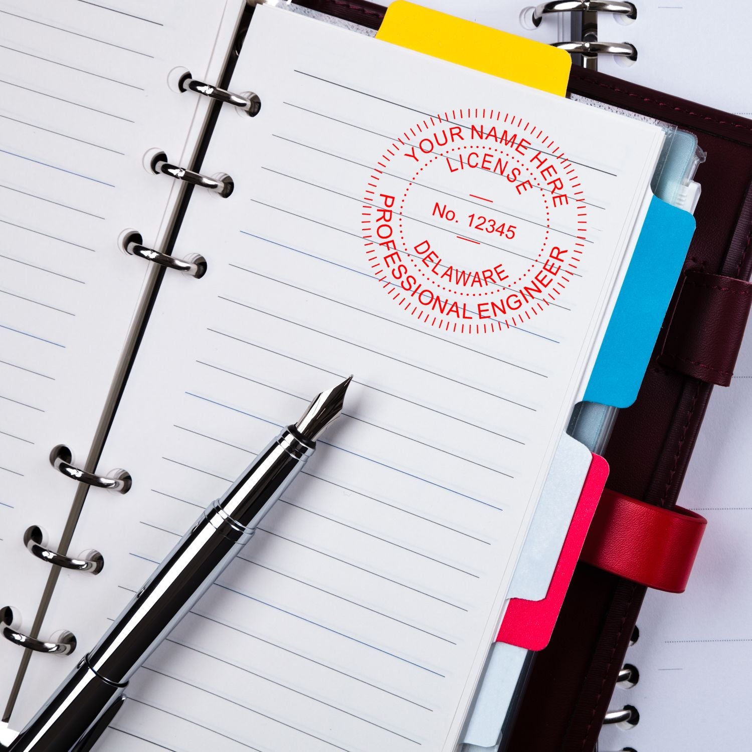 A stamped impression of the Self-Inking Delaware PE Stamp in this stylish lifestyle photo, setting the tone for a unique and personalized product.