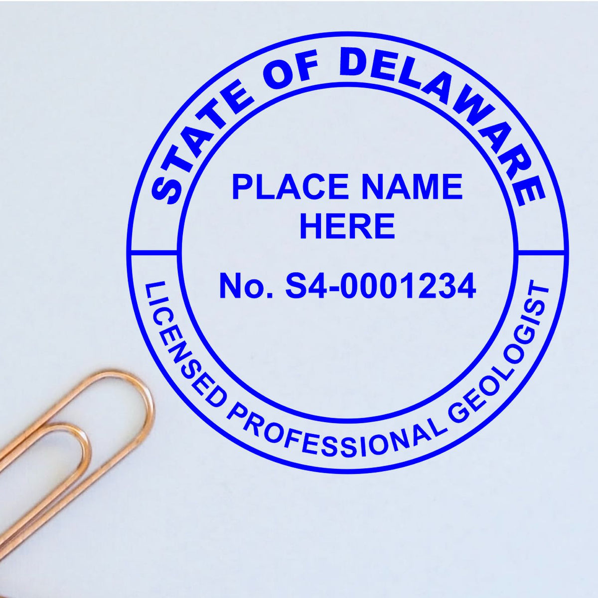 The Slim Pre-Inked Delaware Professional Geologist Seal Stamp  impression comes to life with a crisp, detailed image stamped on paper - showcasing true professional quality.