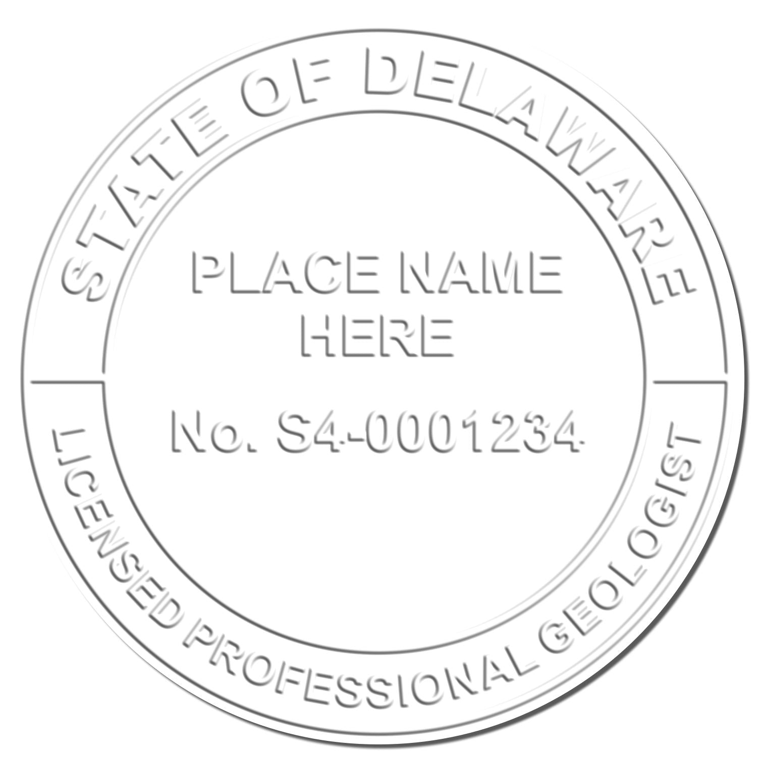 The main image for the Delaware Geologist Desk Seal depicting a sample of the imprint and imprint sample