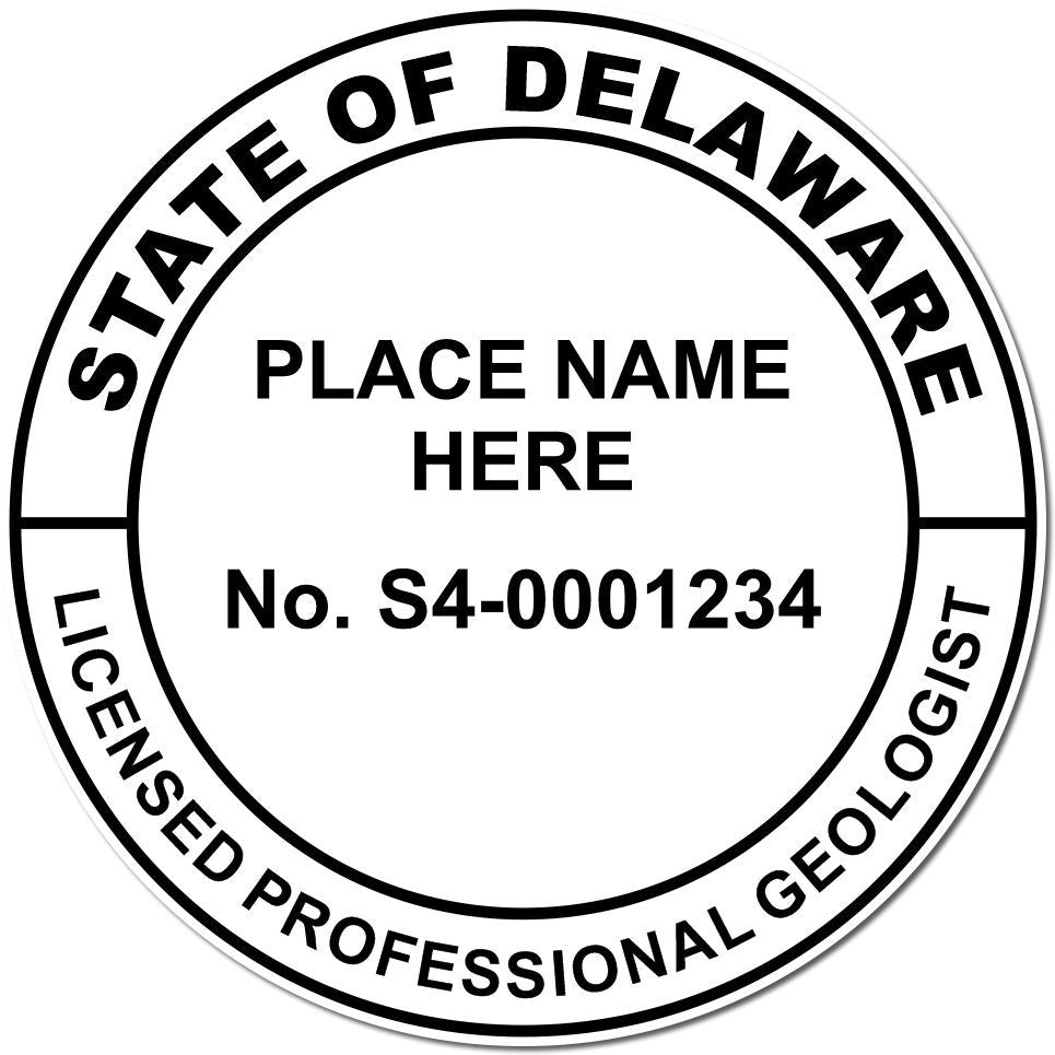This paper is stamped with a sample imprint of the Slim Pre-Inked Delaware Professional Geologist Seal Stamp, signifying its quality and reliability.