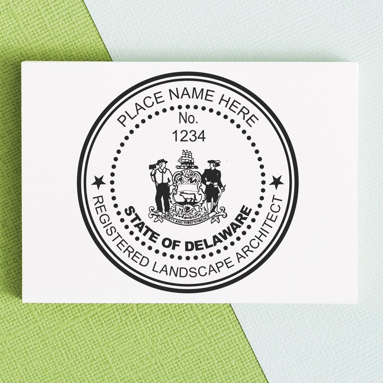 The main image for the Self-Inking Delaware Landscape Architect Stamp depicting a sample of the imprint and electronic files