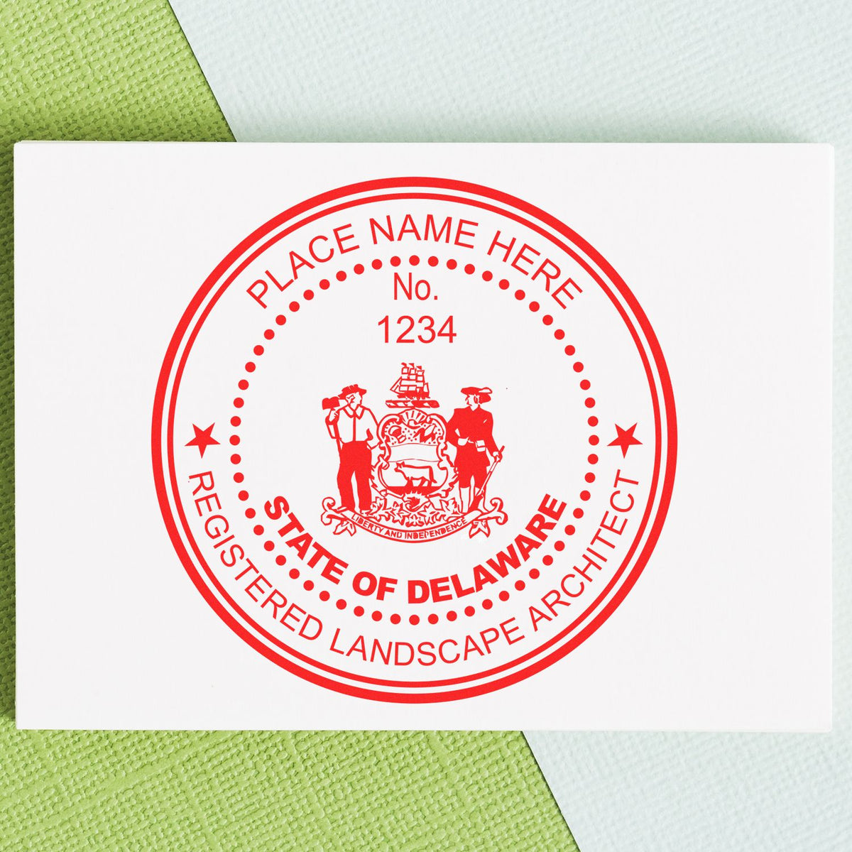 A stamped impression of the Slim Pre-Inked Delaware Landscape Architect Seal Stamp in this stylish lifestyle photo, setting the tone for a unique and personalized product.