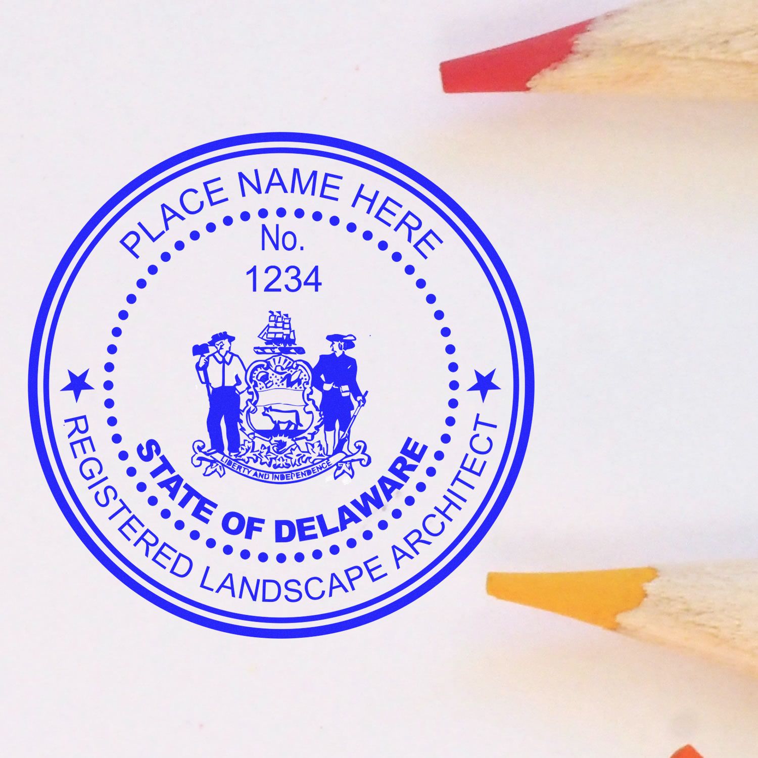 The main image for the Premium MaxLight Pre-Inked Delaware Landscape Architectural Stamp depicting a sample of the imprint and electronic files