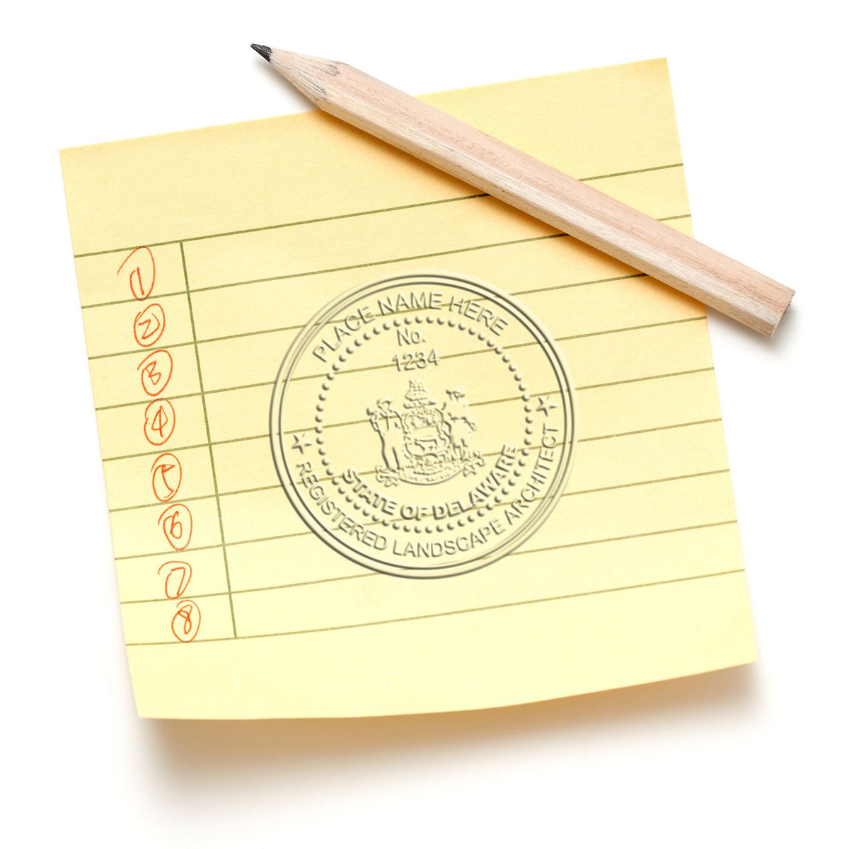 An alternative view of the Hybrid Delaware Landscape Architect Seal stamped on a sheet of paper showing the image in use