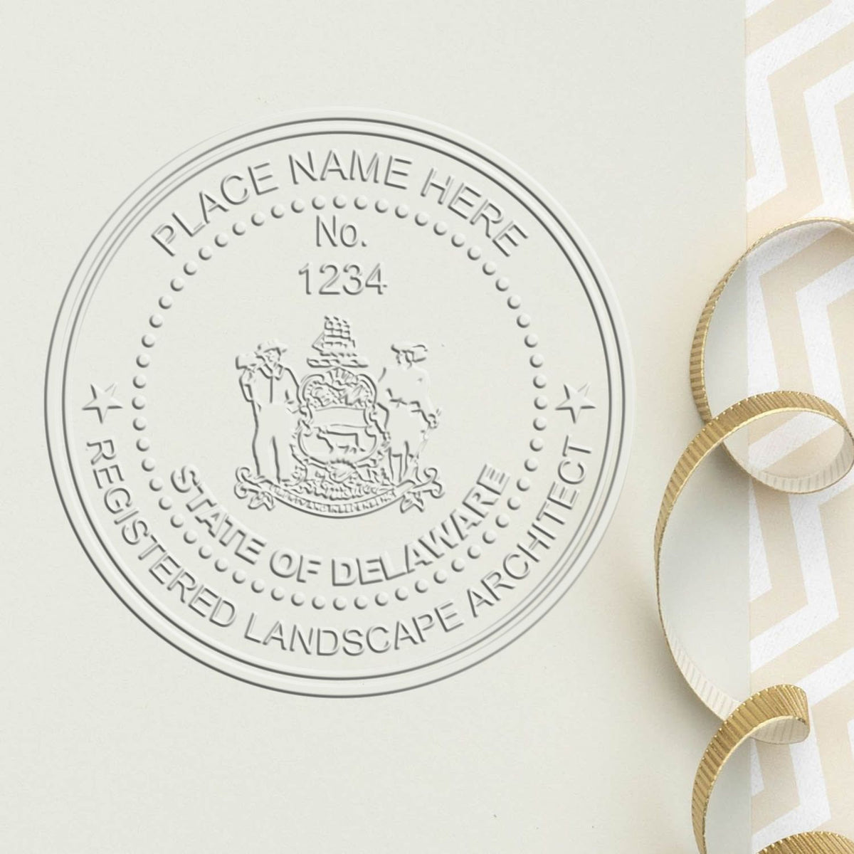 A photograph of the Hybrid Delaware Landscape Architect Seal stamp impression reveals a vivid, professional image of the on paper.
