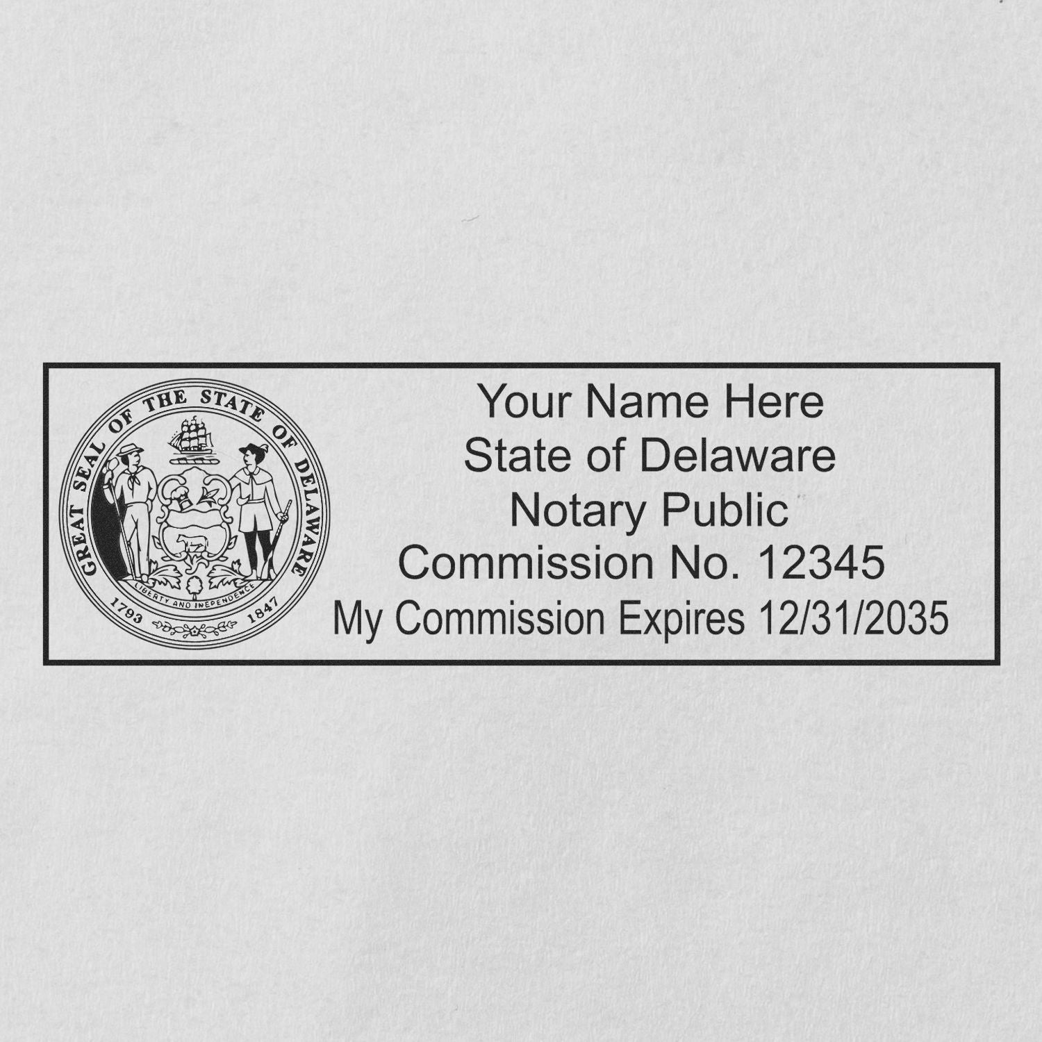 The main image for the Slim Pre-Inked State Seal Notary Stamp for Delaware depicting a sample of the imprint and electronic files