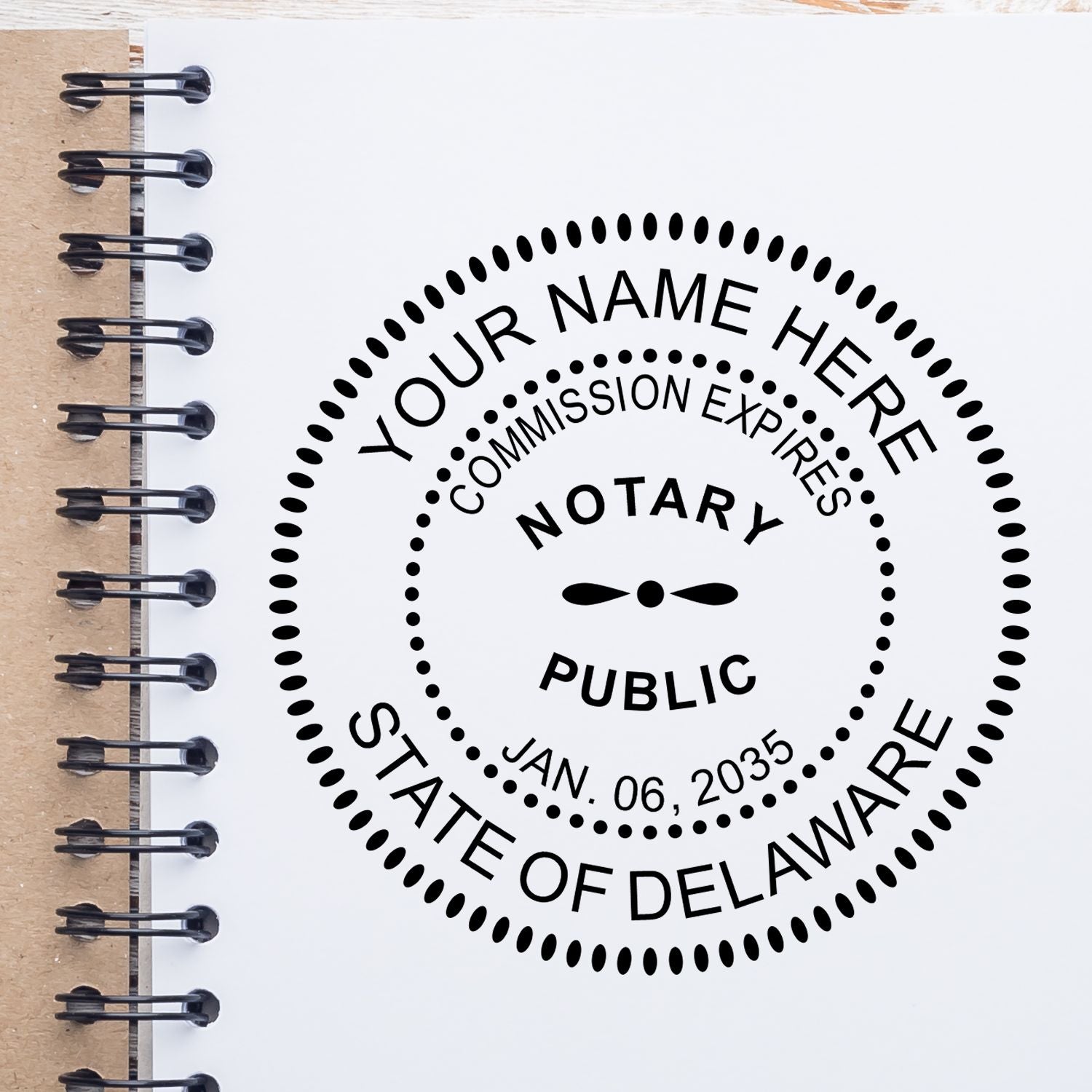 The Delaware Round Electronic Notary Stamp stamp impression comes to life with a crisp, detailed photo on paper - showcasing true professional quality.