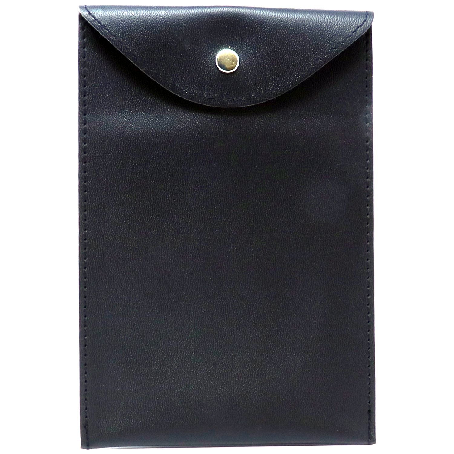 Deluxe Seal Leatherette Pouch in black with a snap button closure, showcasing a sleek and elegant design suitable for various uses.