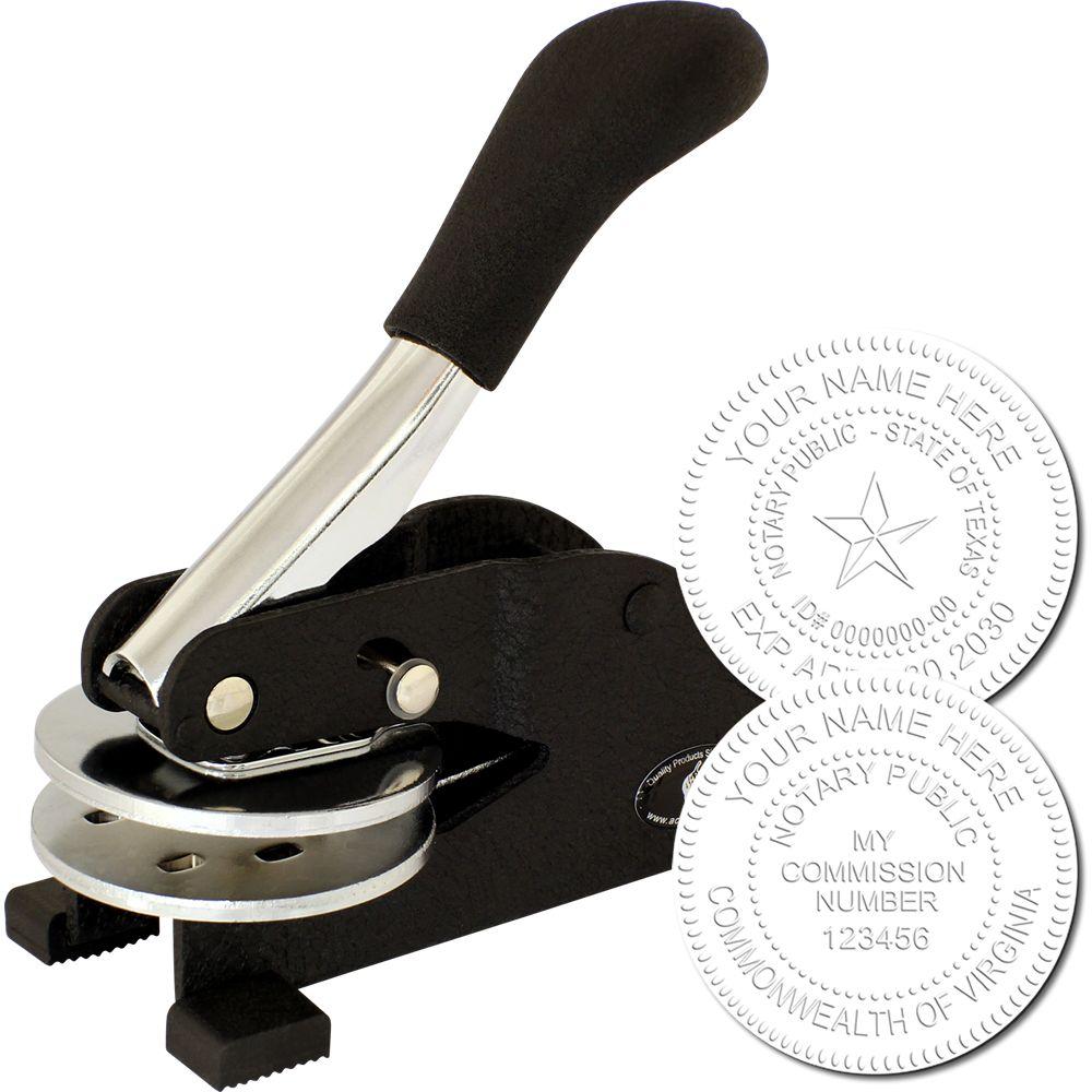 Desk Notary Seal Embosser with a black handle and metal base, shown with two sample embossed seals displaying customizable text.
