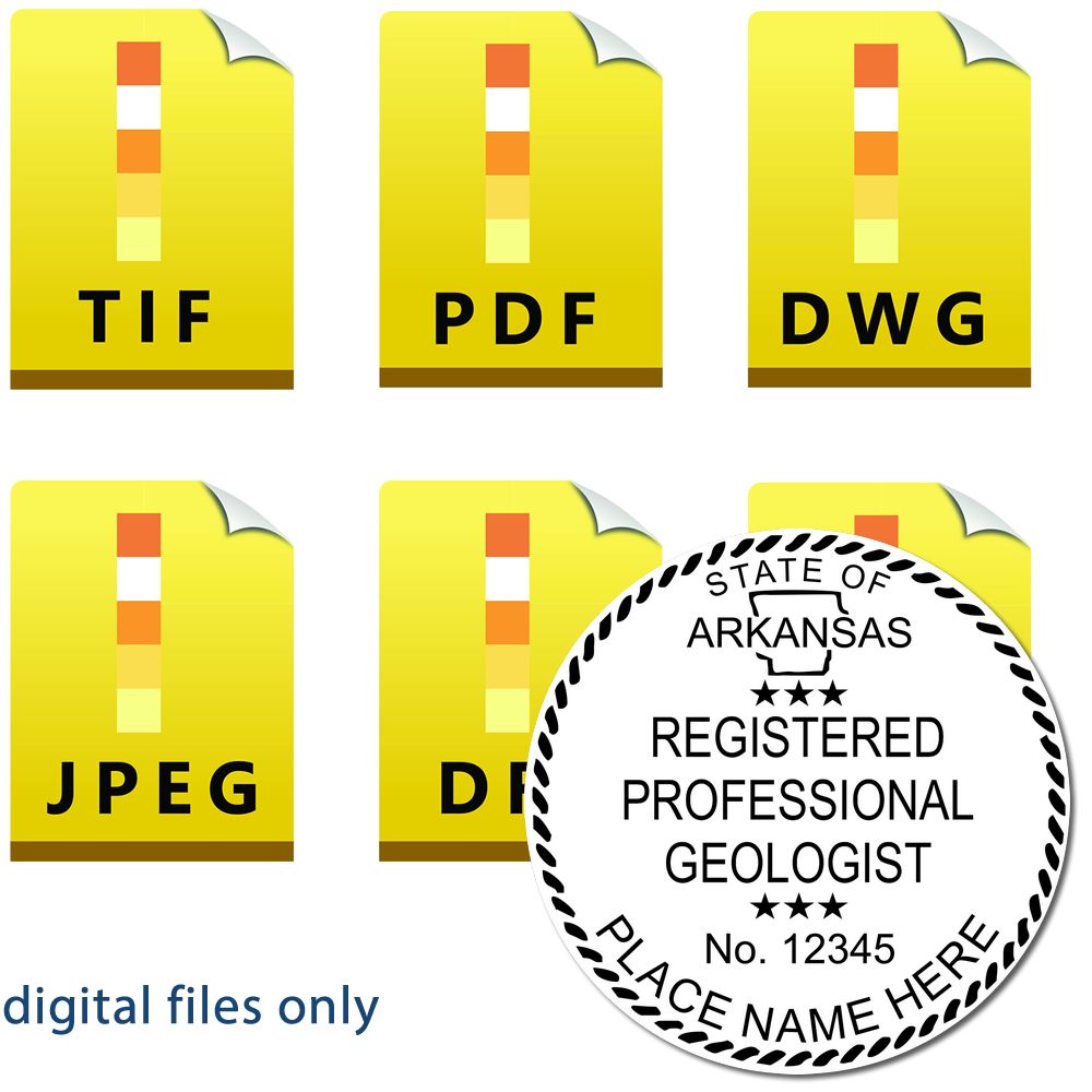The main image for the Digital Arkansas Geologist Stamp, Electronic Seal for Arkansas Geologist depicting a sample of the imprint and imprint sample