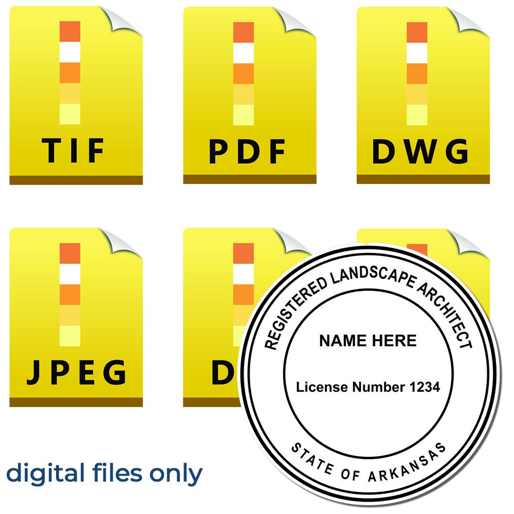 The main image for the Digital Arkansas Landscape Architect Stamp depicting a sample of the imprint and electronic files