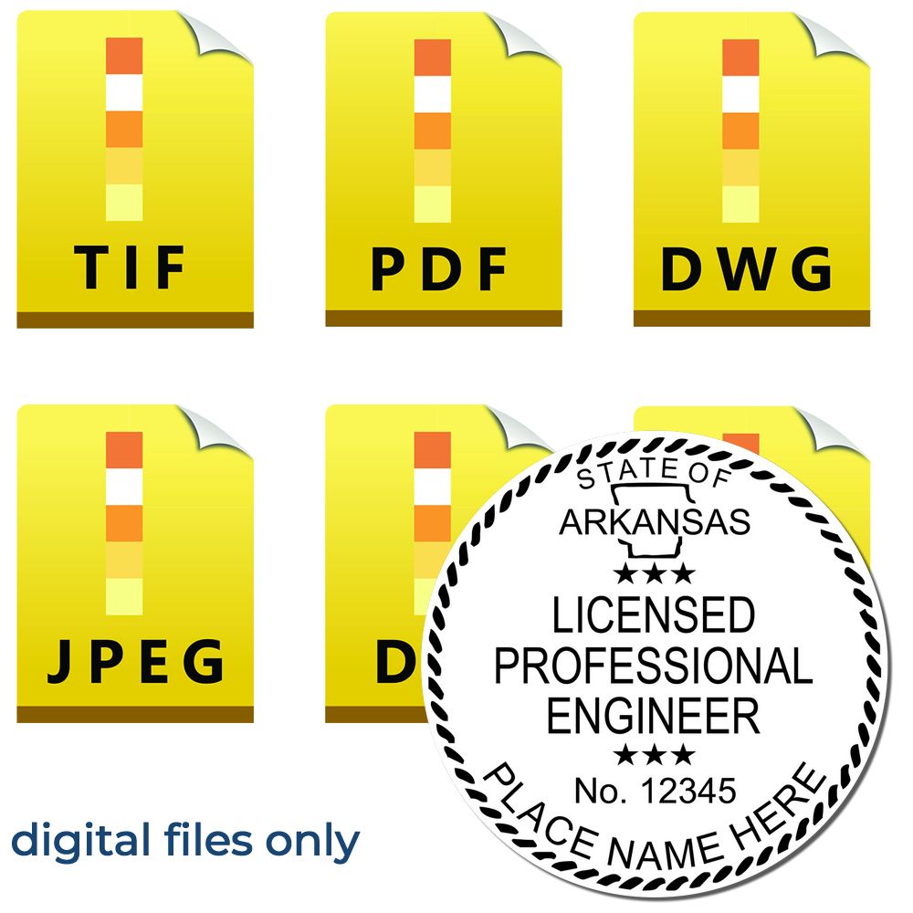 The main image for the Digital Arkansas PE Stamp and Electronic Seal for Arkansas Engineer depicting a sample of the imprint and electronic files