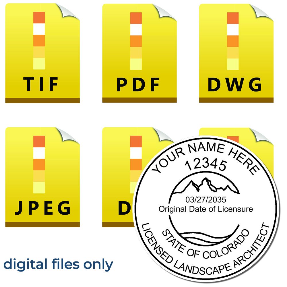 The main image for the Digital Colorado Landscape Architect Stamp depicting a sample of the imprint and electronic files