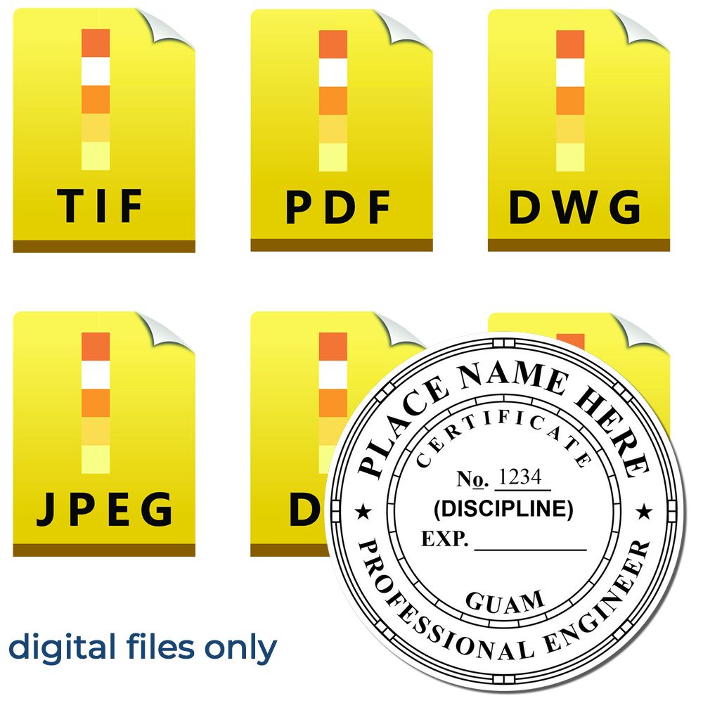 The main image for the Digital Guam PE Stamp and Electronic Seal for Guam Engineer depicting a sample of the imprint and electronic files
