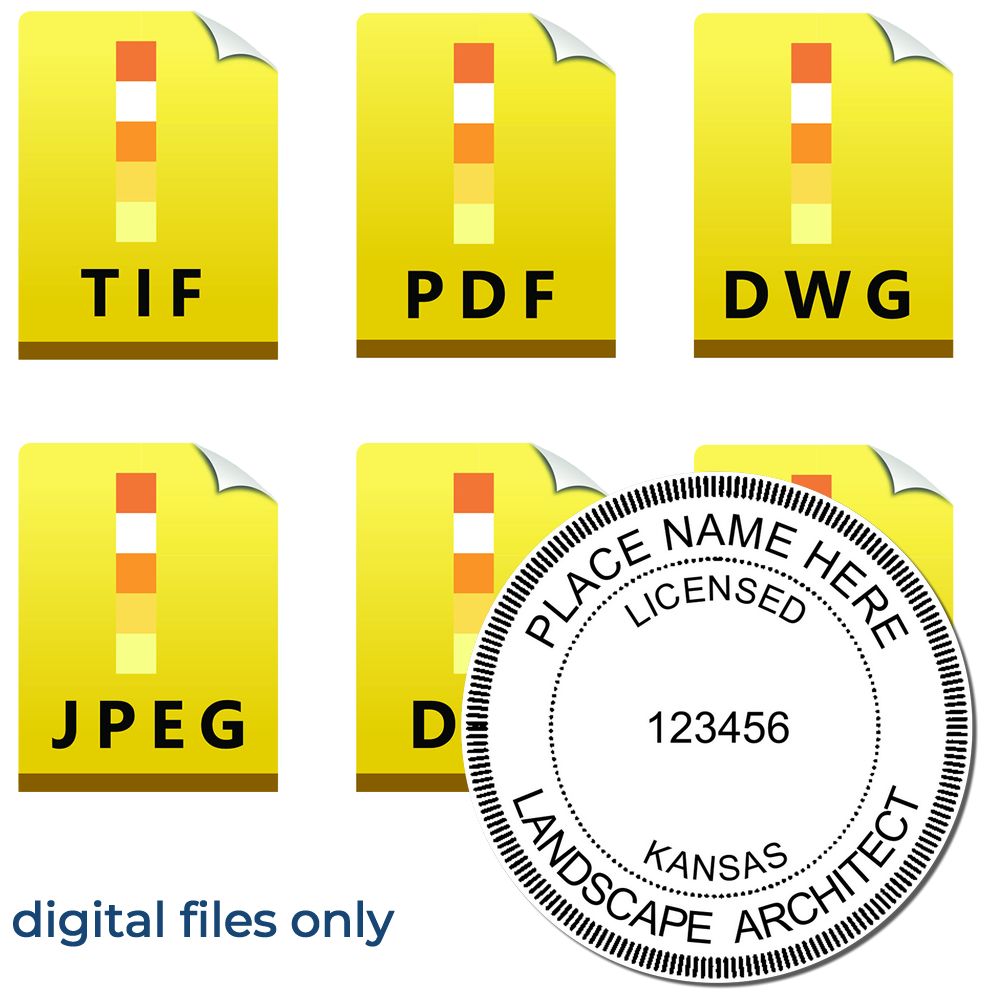 The main image for the Digital Kansas Landscape Architect Stamp depicting a sample of the imprint and electronic files